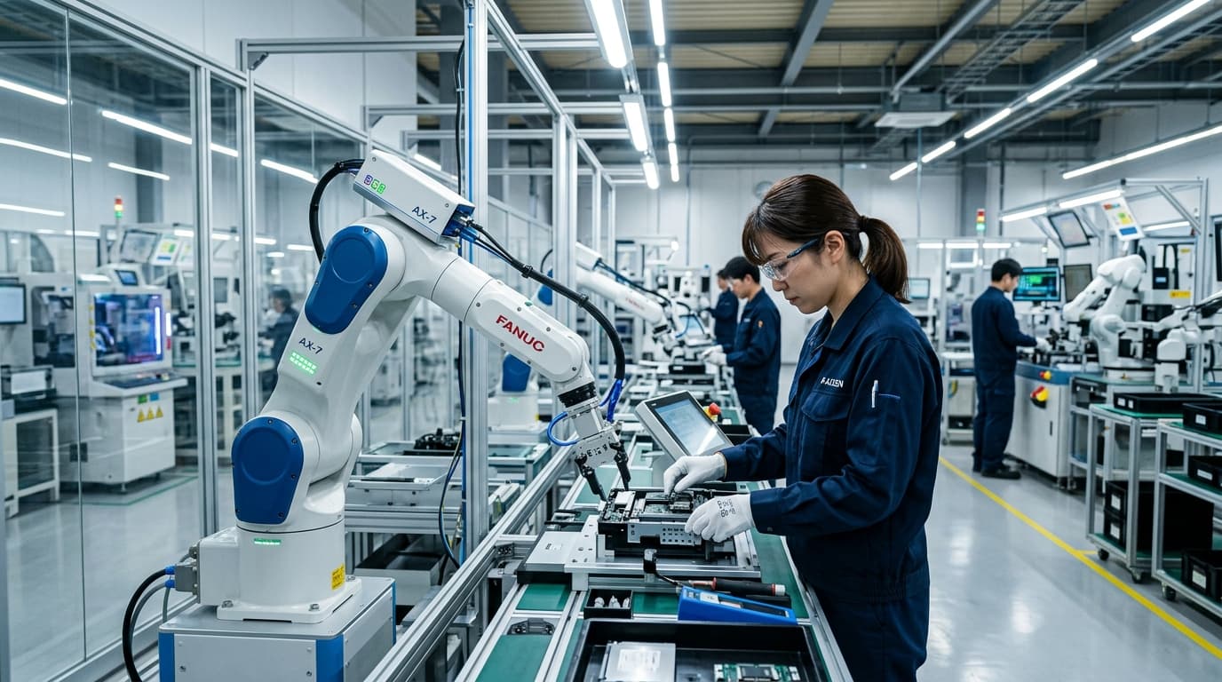 A futuristic Japanese factory floor with high-tech robotic arms working seamlessly alongside human w