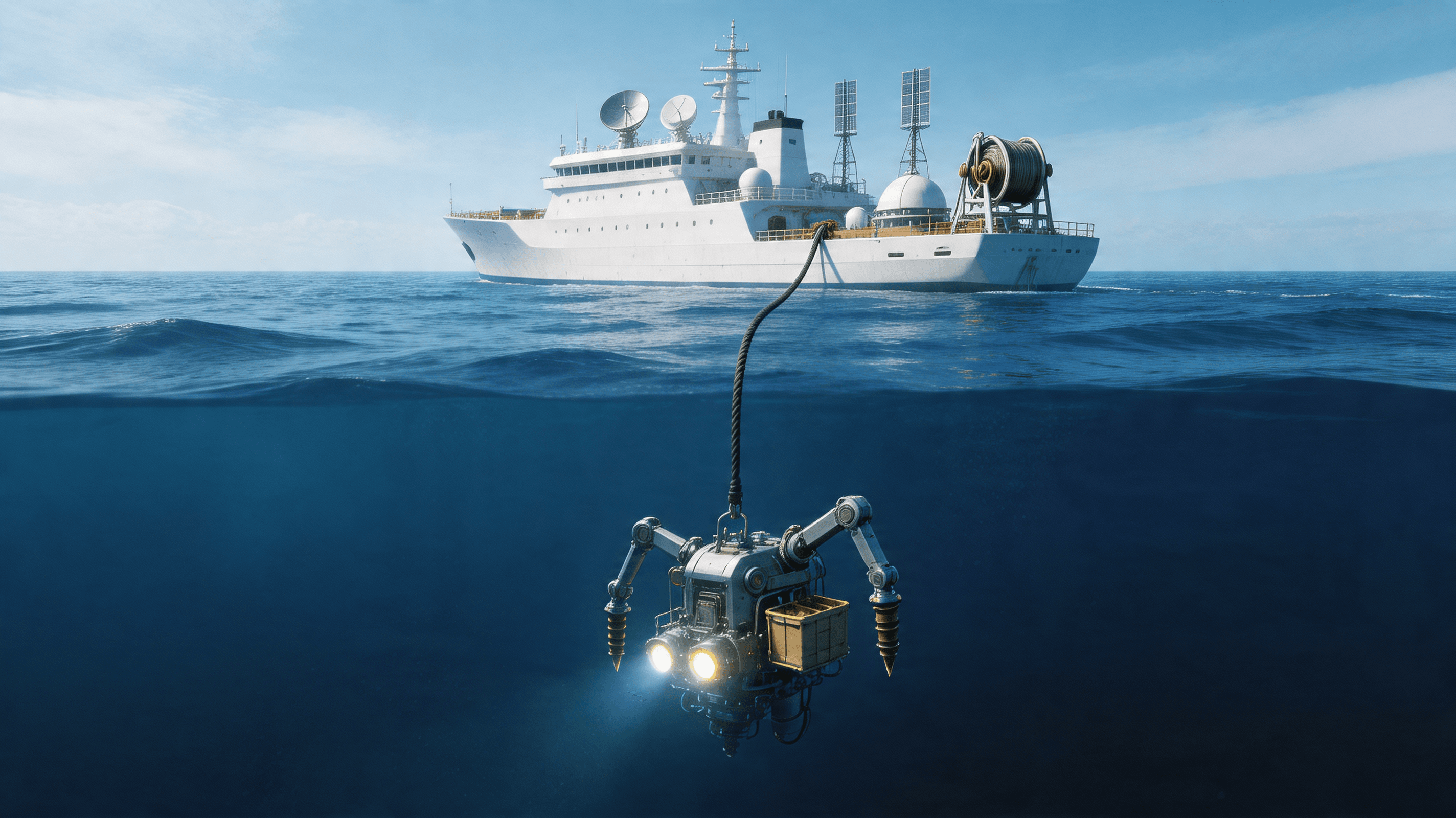 A scientific exploration vessel hovering over the deep blue ocean with a graphic illustration of rob