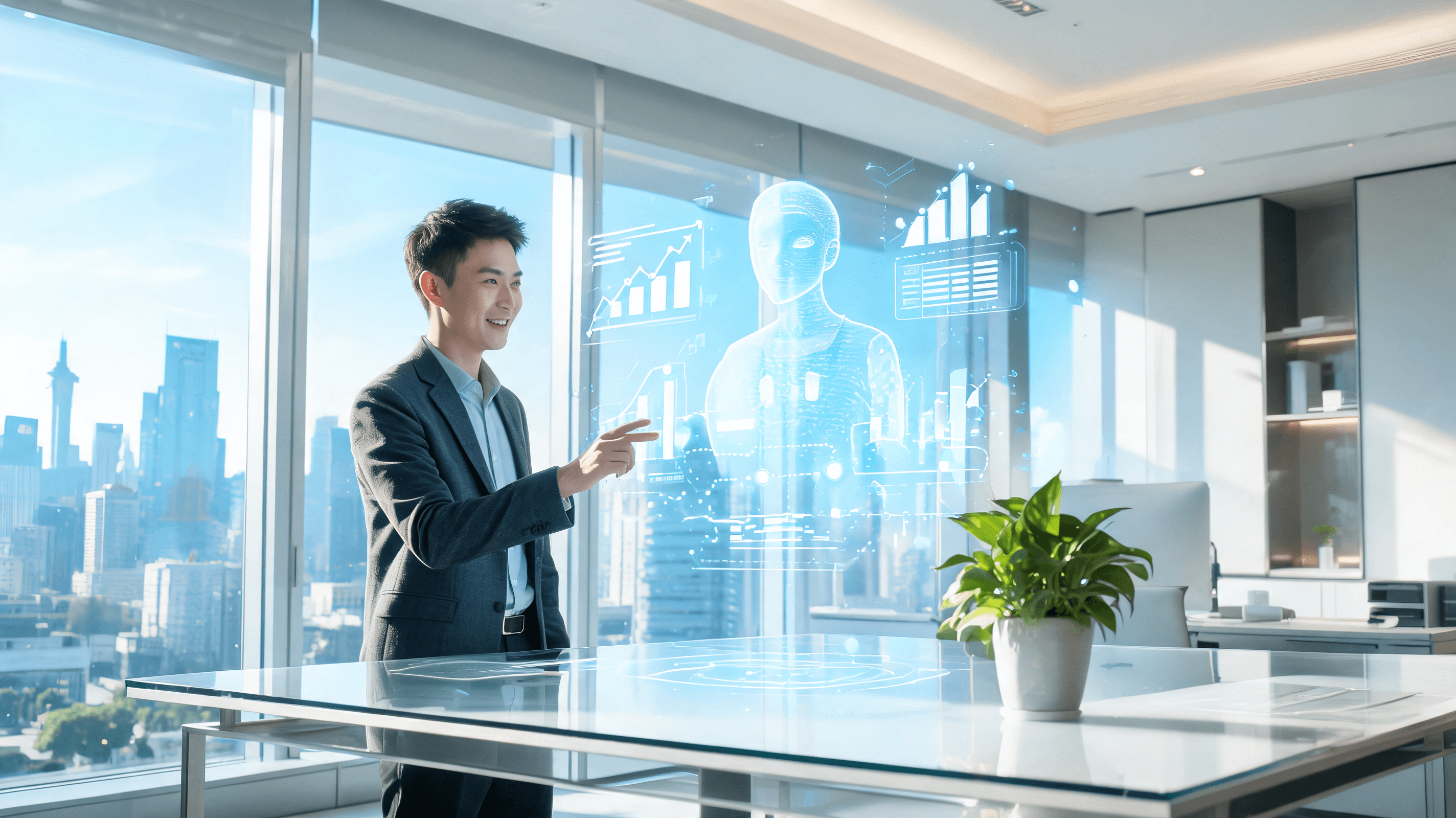 A visionary scene in a high-tech corporate office, with a human worker interacting comfortably with