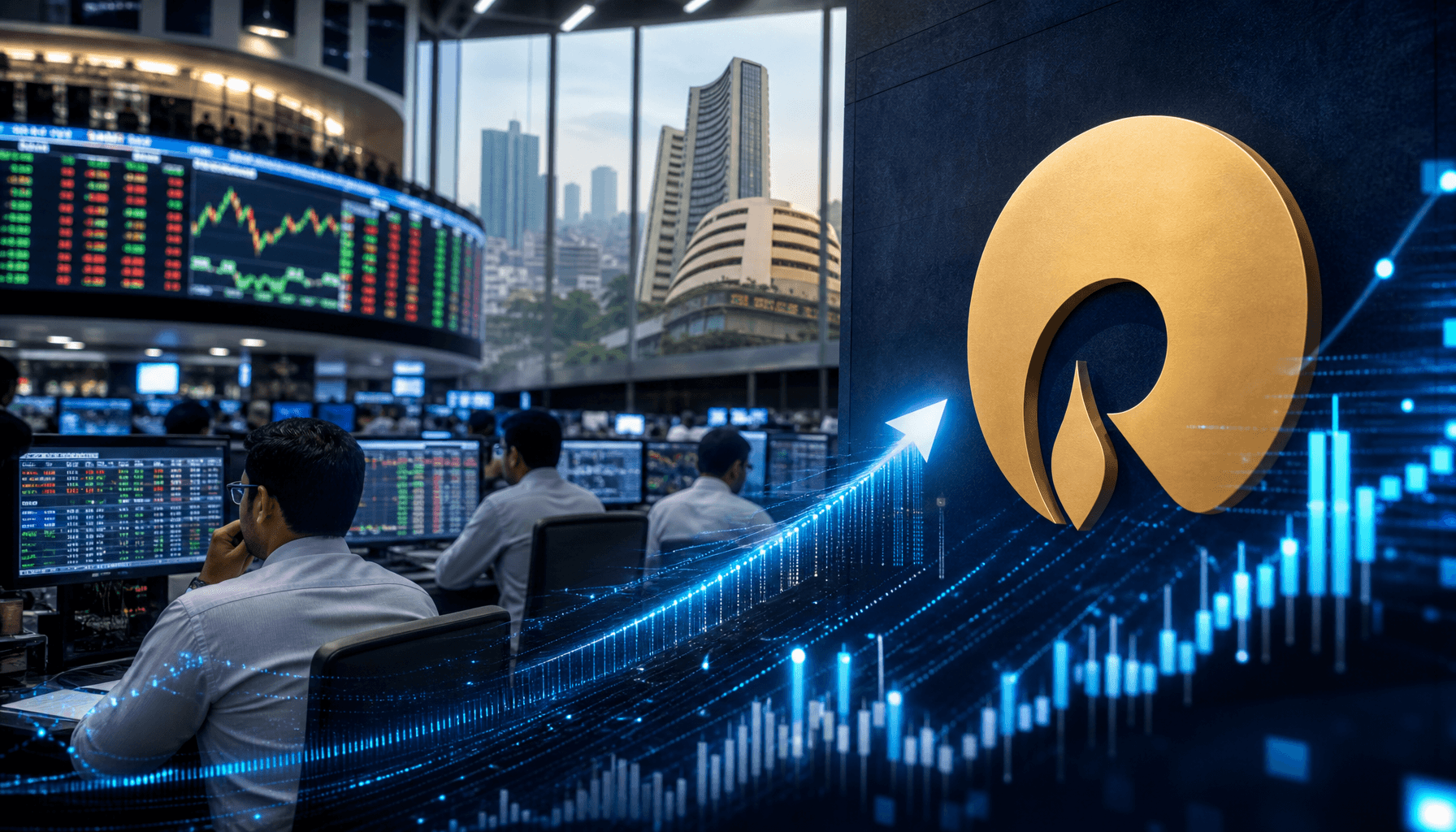 Stock market trading floor in Mumbai, digital data streams, Reliance Industries corporate logo, fina