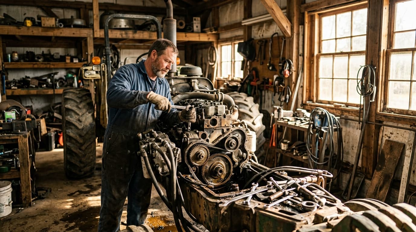 An industrial agricultural tractor being repaired in a rustic farm workshop, close-up on engine and