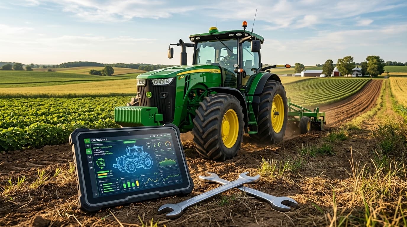 A large green John Deere tractor in a field, with a wrench and digital repair diagnostic interface,