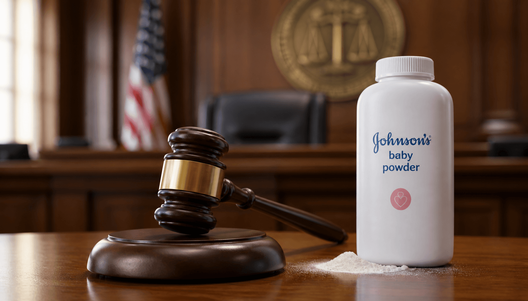 A courtroom setting with a gavel on a table, next to a bottle of Johnson's Baby Powder, symbolizing