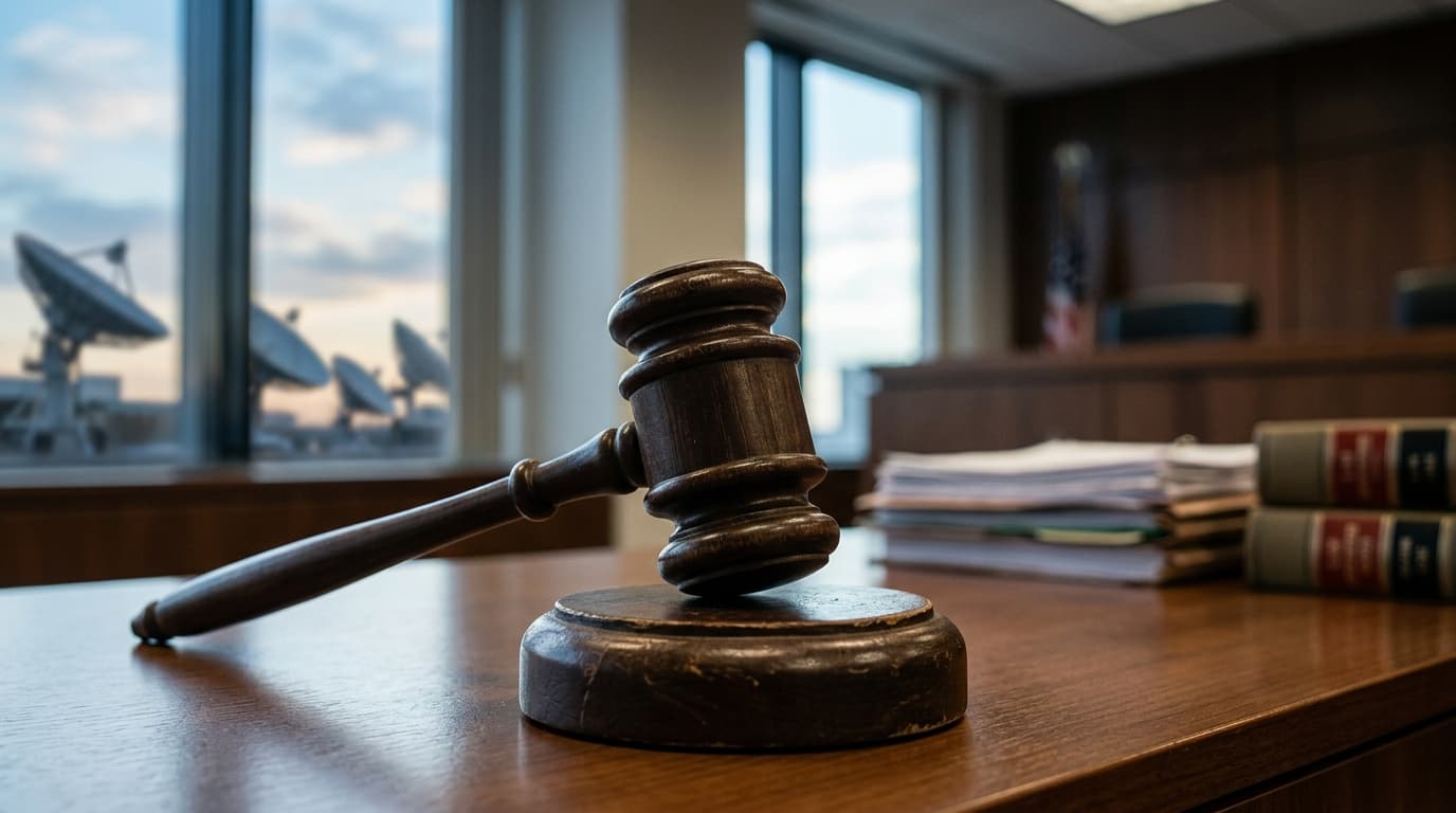 A courtroom setting, stylized gavel striking a desk, background showing a blend of television satell