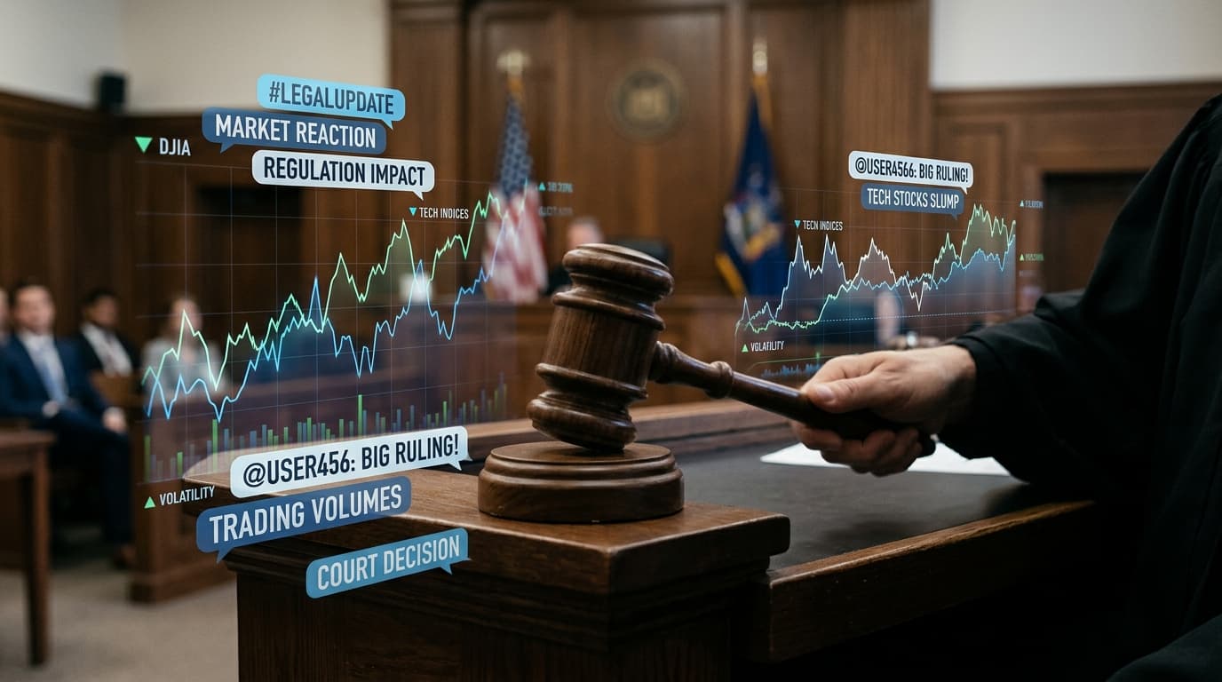A gavel striking a wooden block in a courtroom, with a digital overlay of floating social media text