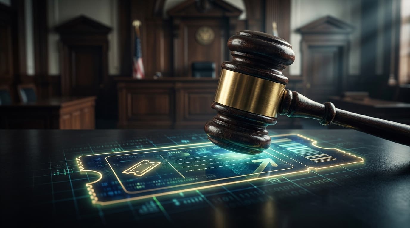 A courtroom gavel sitting on top of a digital ticket stub, conceptual art style, representing antitr