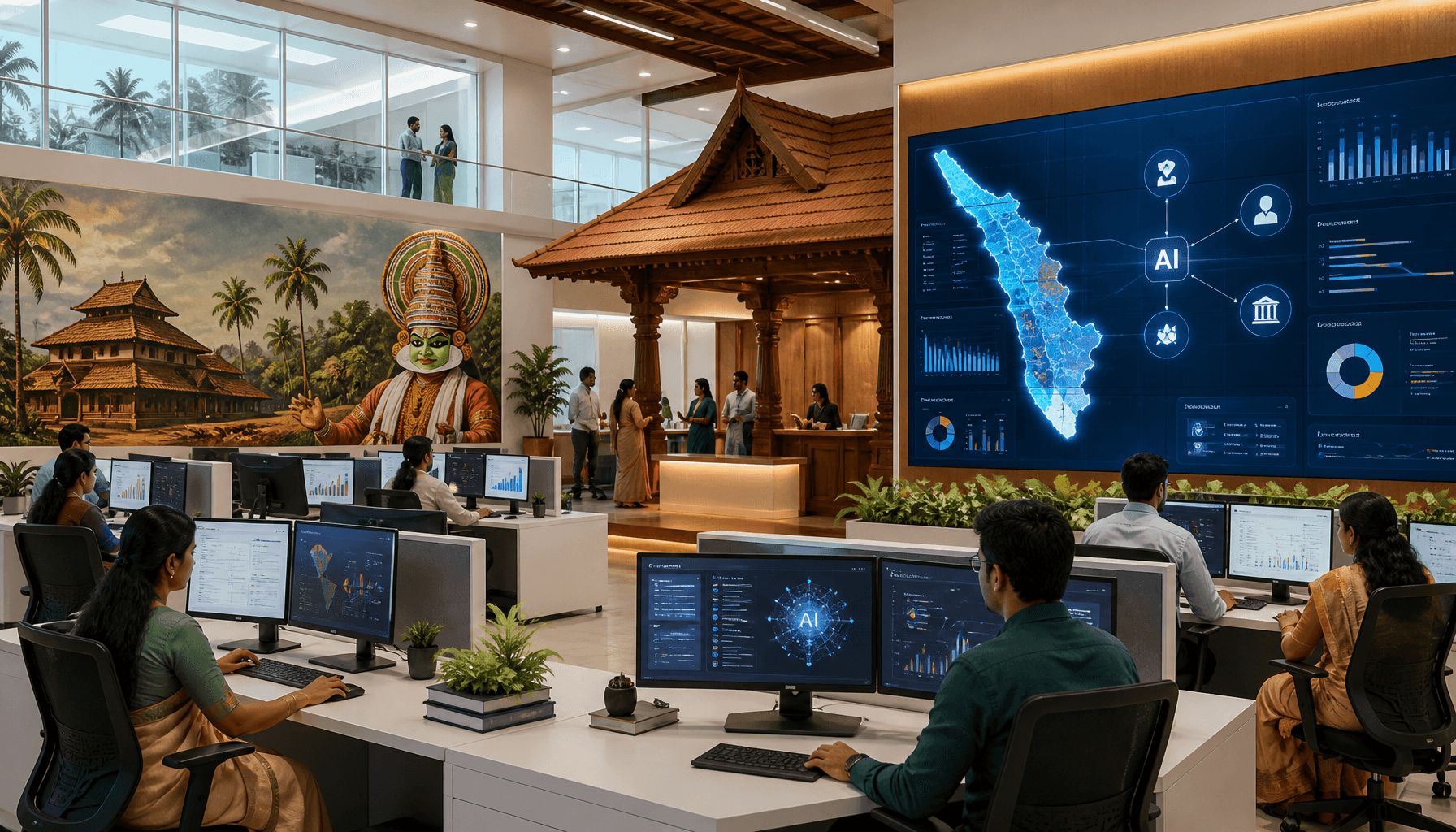 A modern, high-tech government office in Kerala, India, with digital interfaces showing data analyti