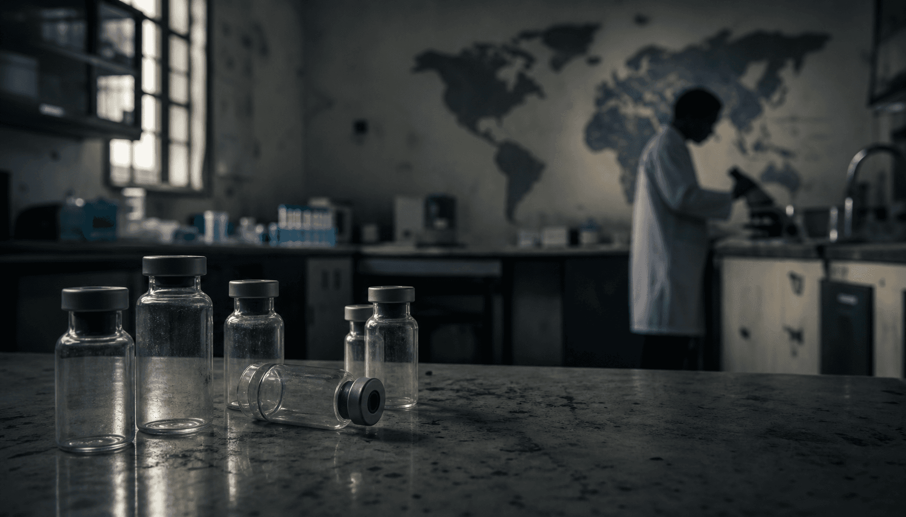 A dimly lit, somber medical laboratory scene in a developing country, with empty medication vials an