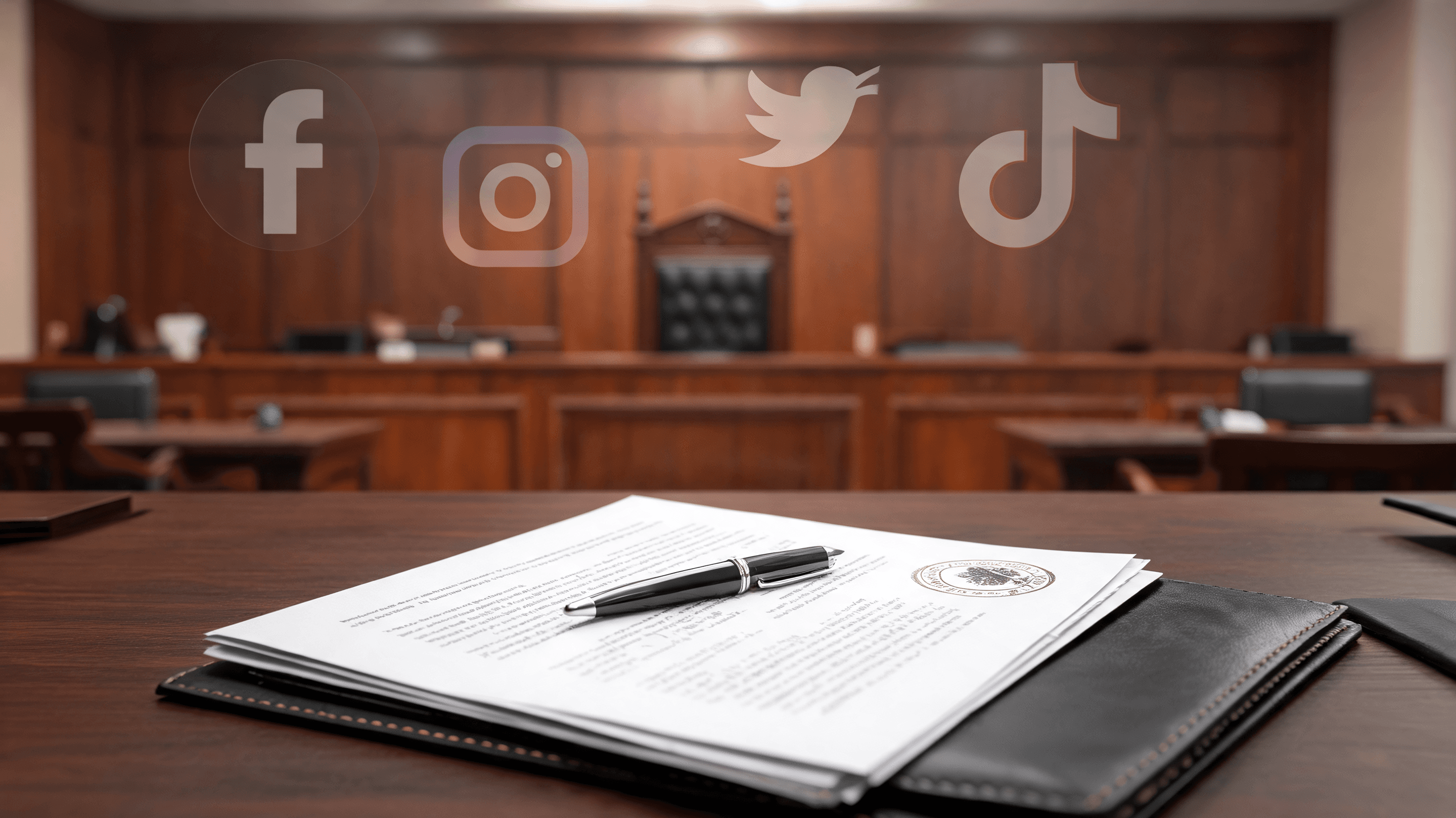 A courtroom setting focusing on a legal document on a desk, with blurred digital icons of major soci