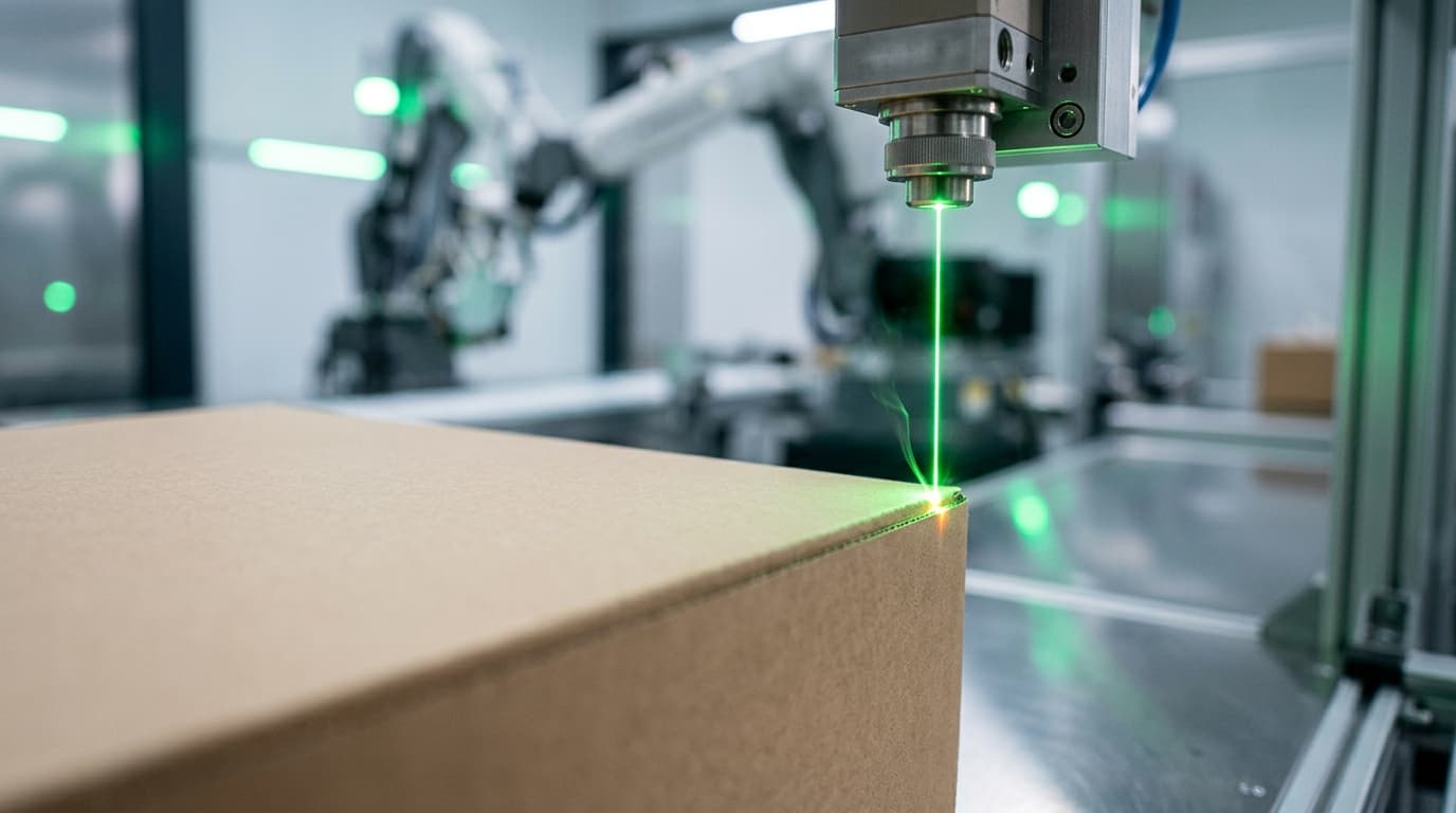 A close-up of a precision laser beam sealing the edge of a paper box, futuristic manufacturing setti