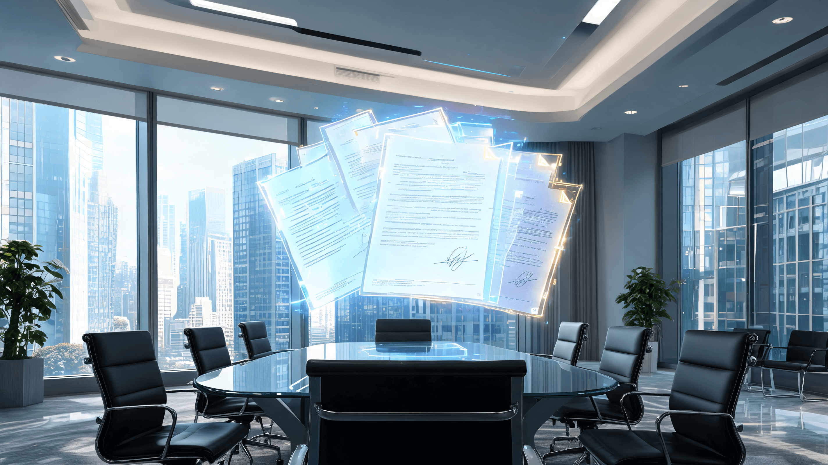 A modern, professional office setting with holographic legal documents floating in the air, glowing