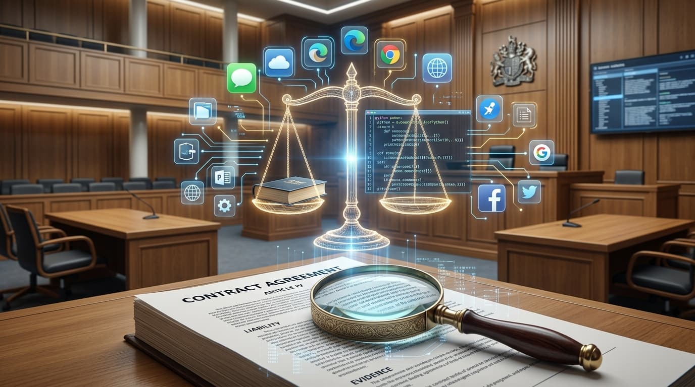 A courtroom setting with digital icons of applications, law scales balancing code, and a magnifying