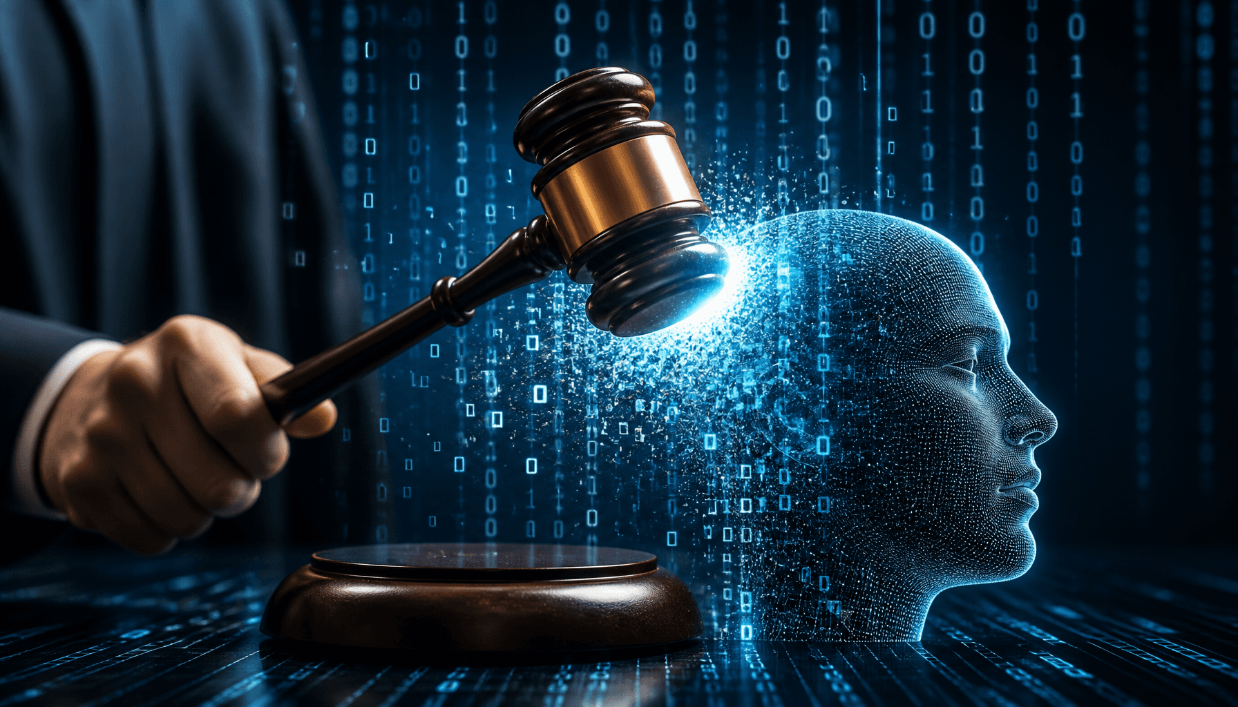 A conceptual digital art piece representing the intersection of law and technology, with a courtroom