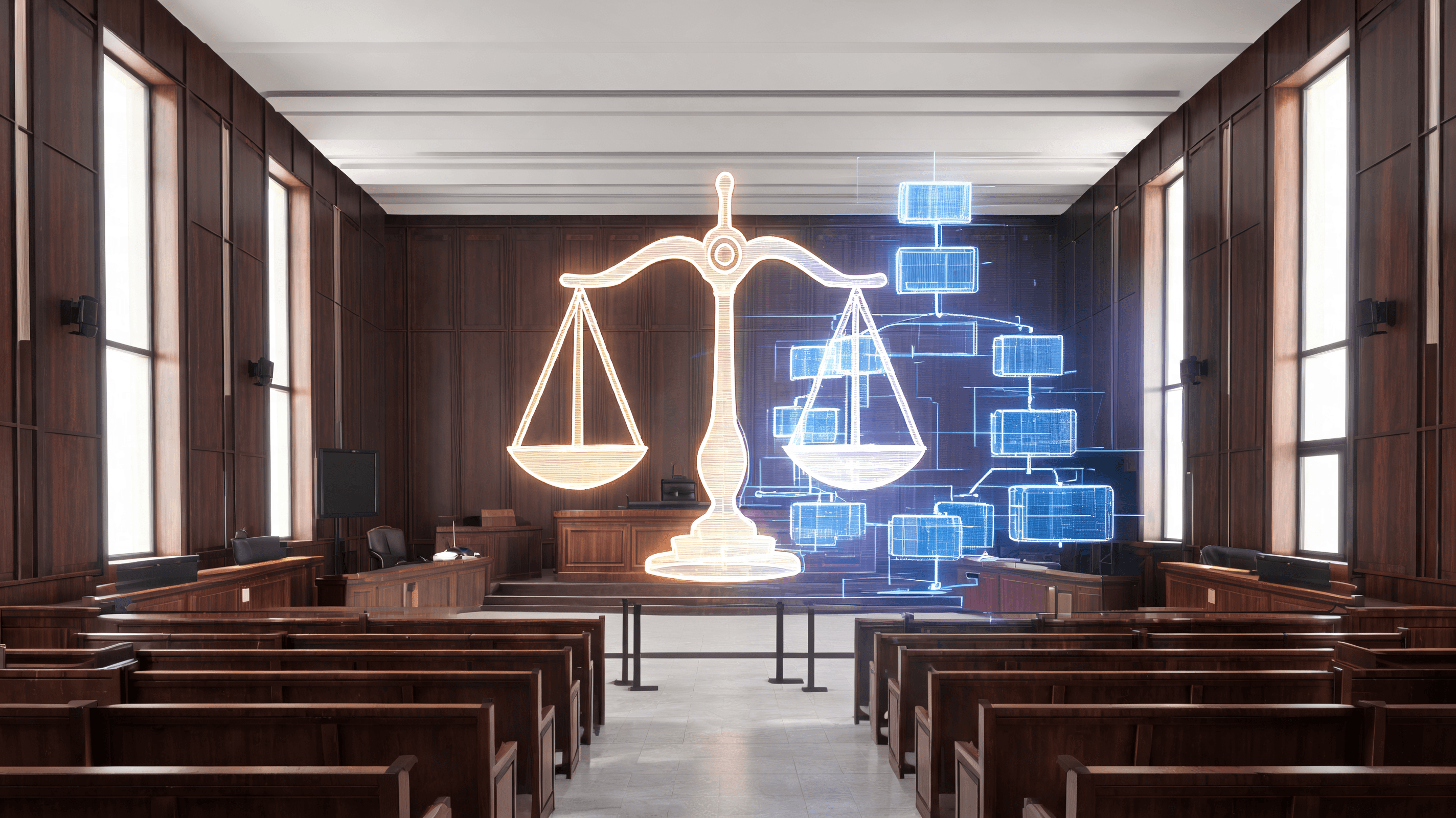 A courtroom setting with digital imagery overlays depicting legal scales and tech corporate structur