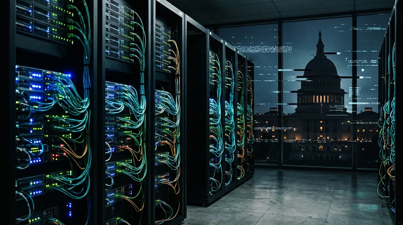 A dimly lit room with rows of servers and glowing cables, a US Capitol building silhouette in the ba