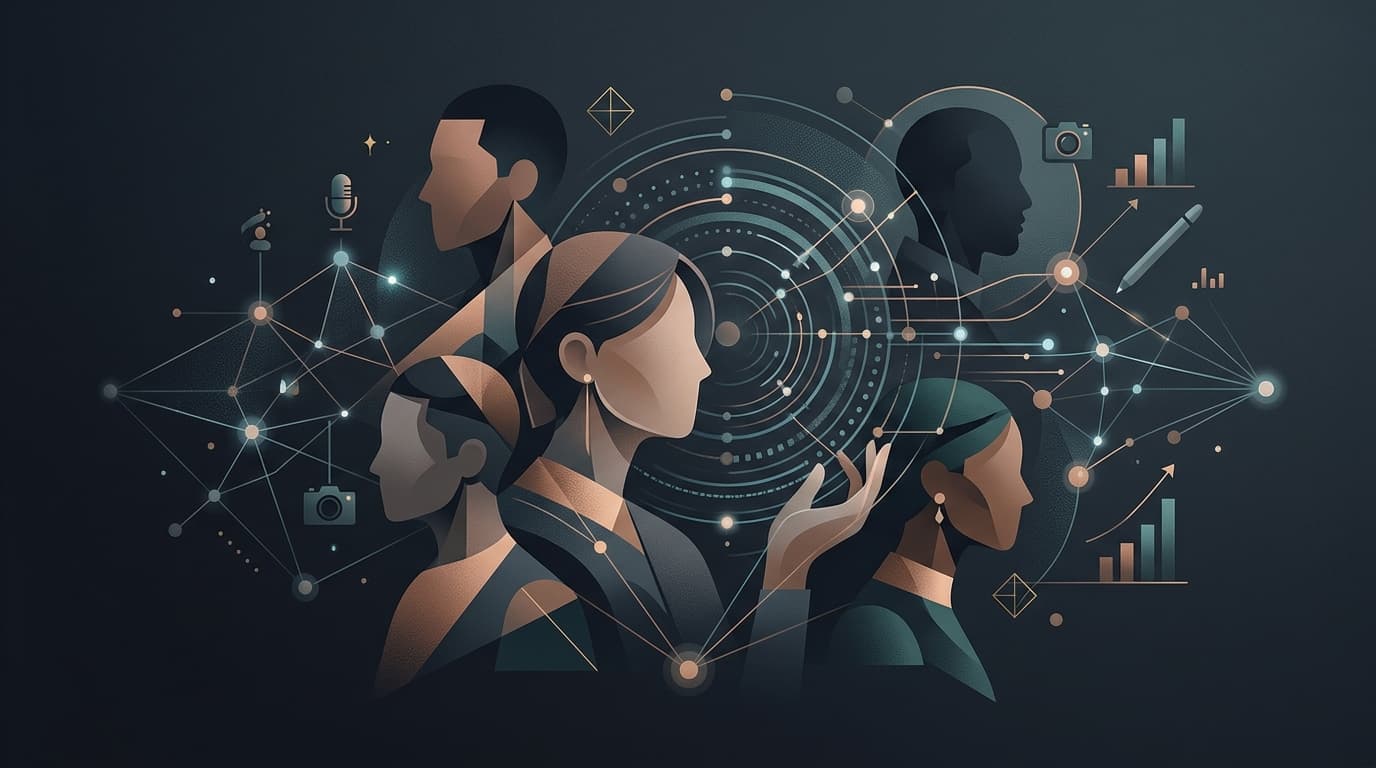 A digital graphic reflecting the creator economy, with abstract portraits representing the digital e