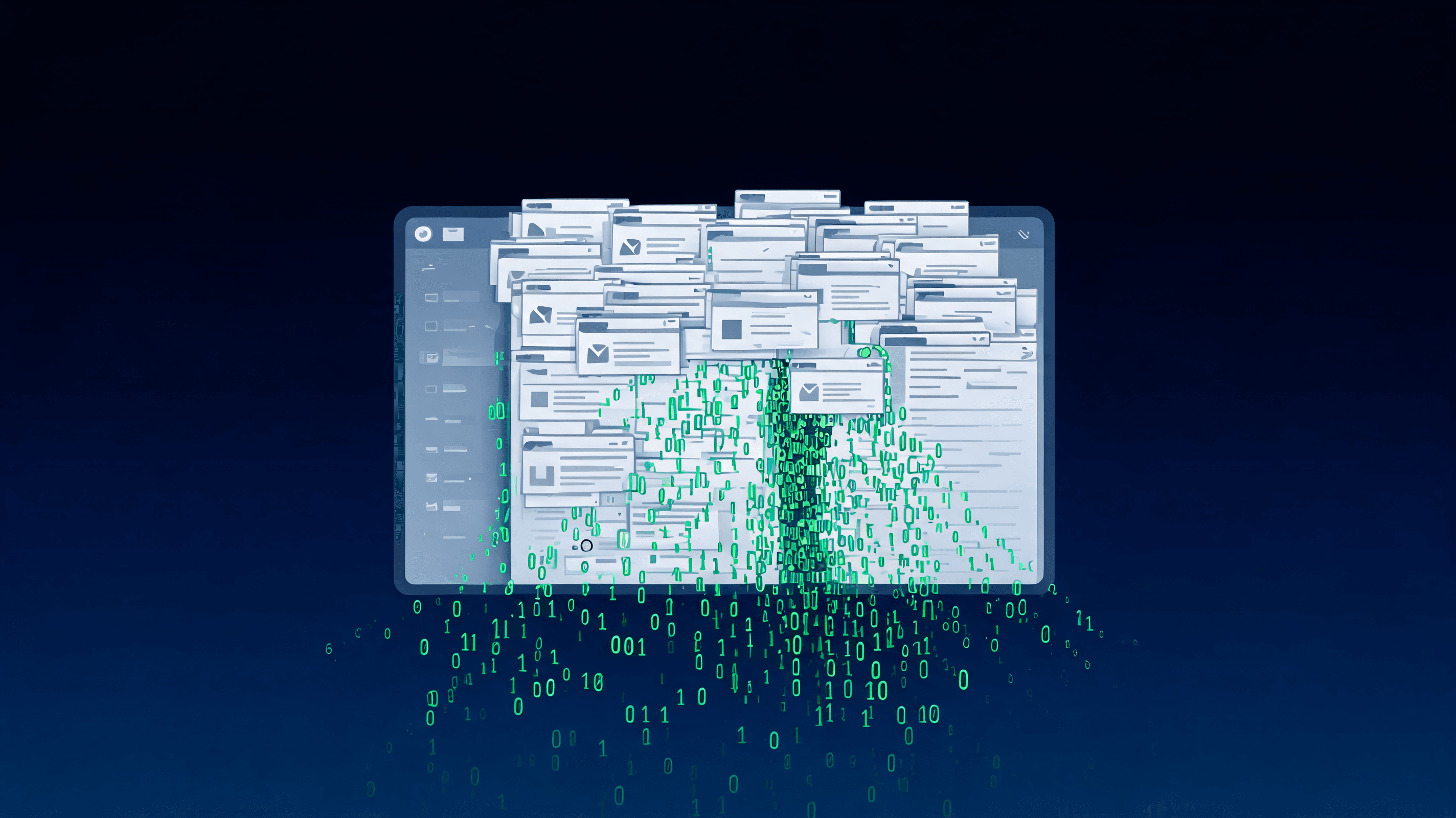 An abstract, professional illustration of a cluttered digital mailbox with digital code symbols casc