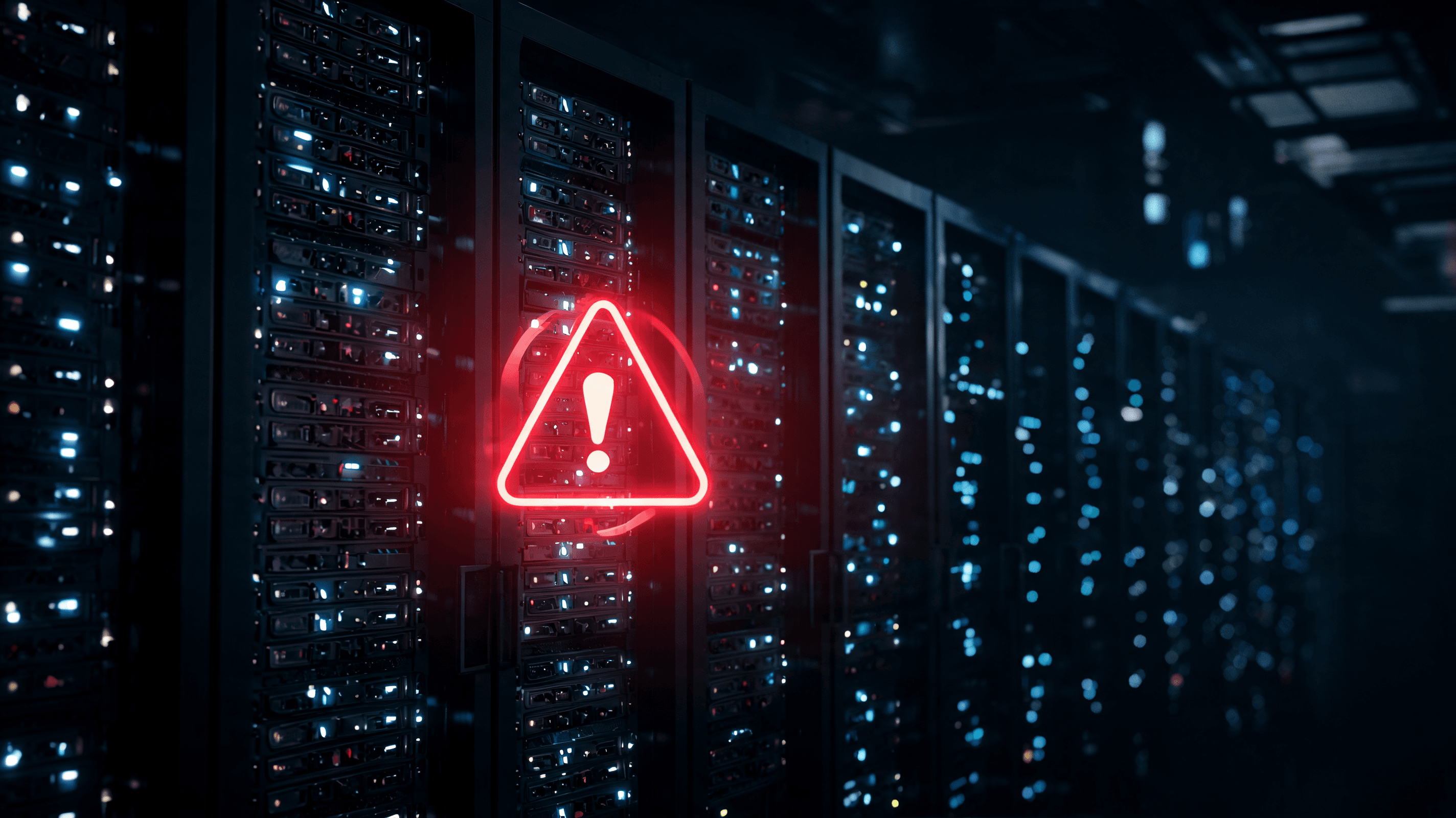 A close-up of computer server rack lights in a dark data center, with a digital red warning sign ove
