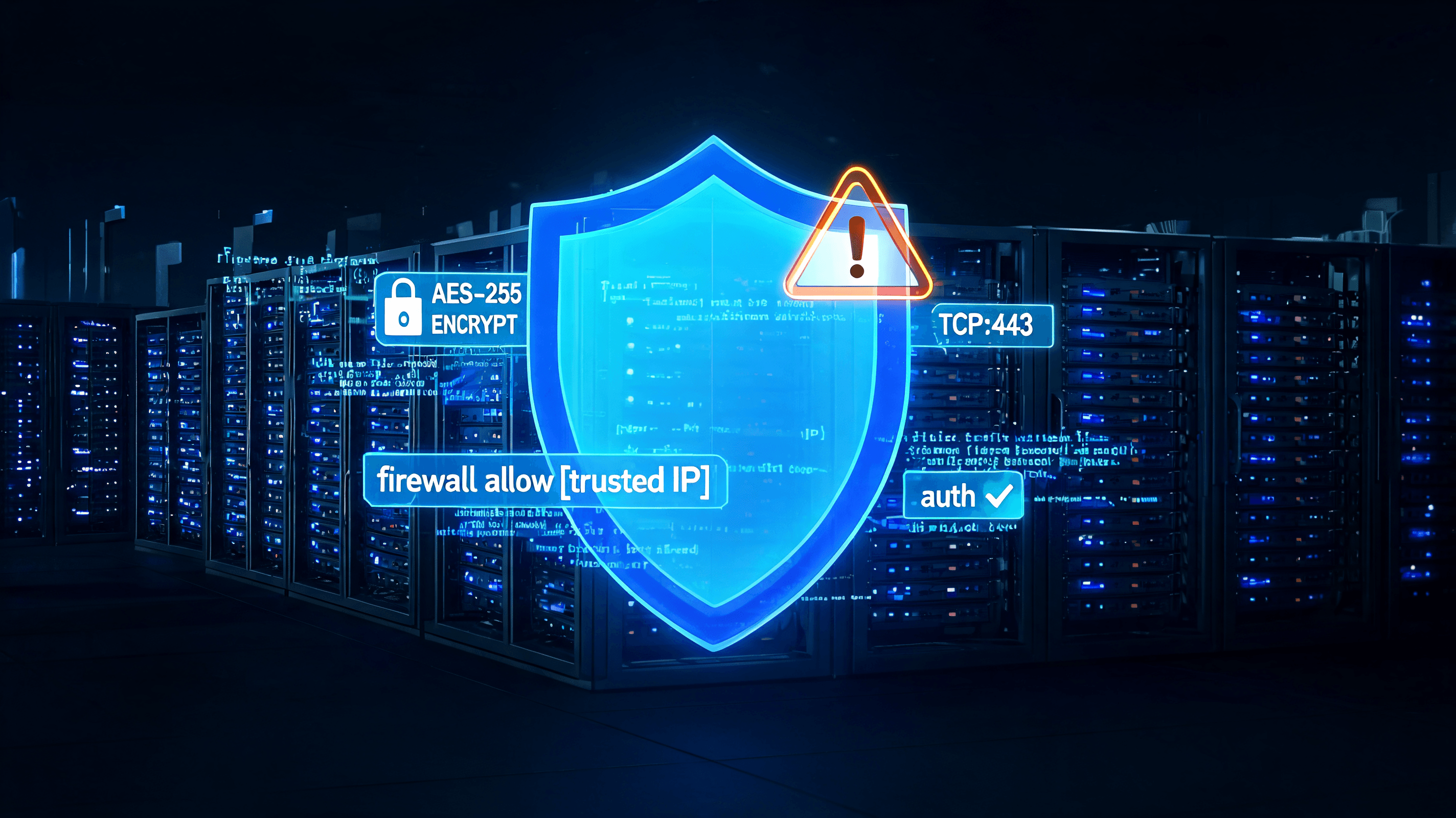 A digital representation of a shield protecting server racks, overlaid with technical code snippets