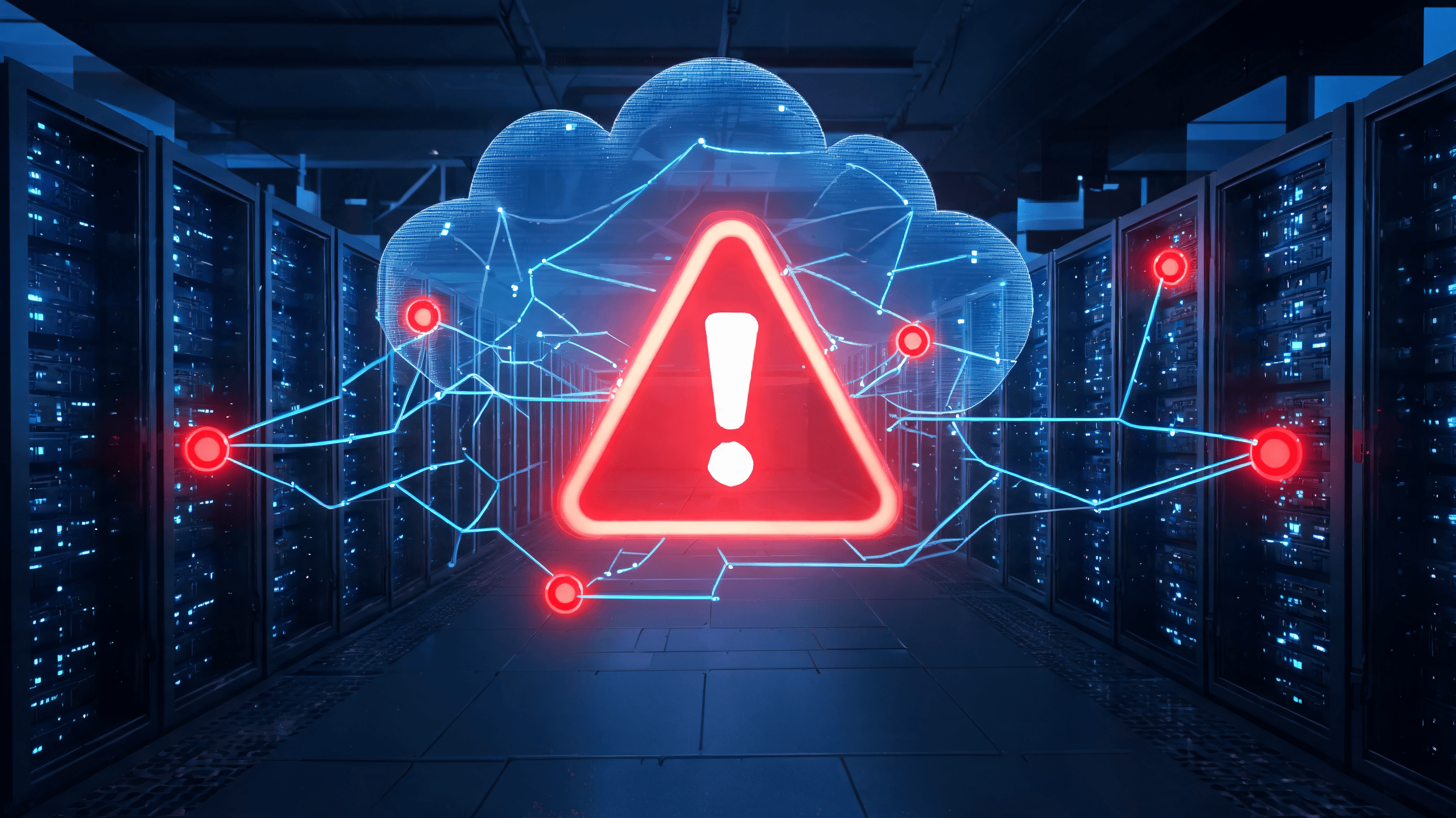 A digital graphic depicting a warning signal overlaying a abstract cloud server architecture, with g
