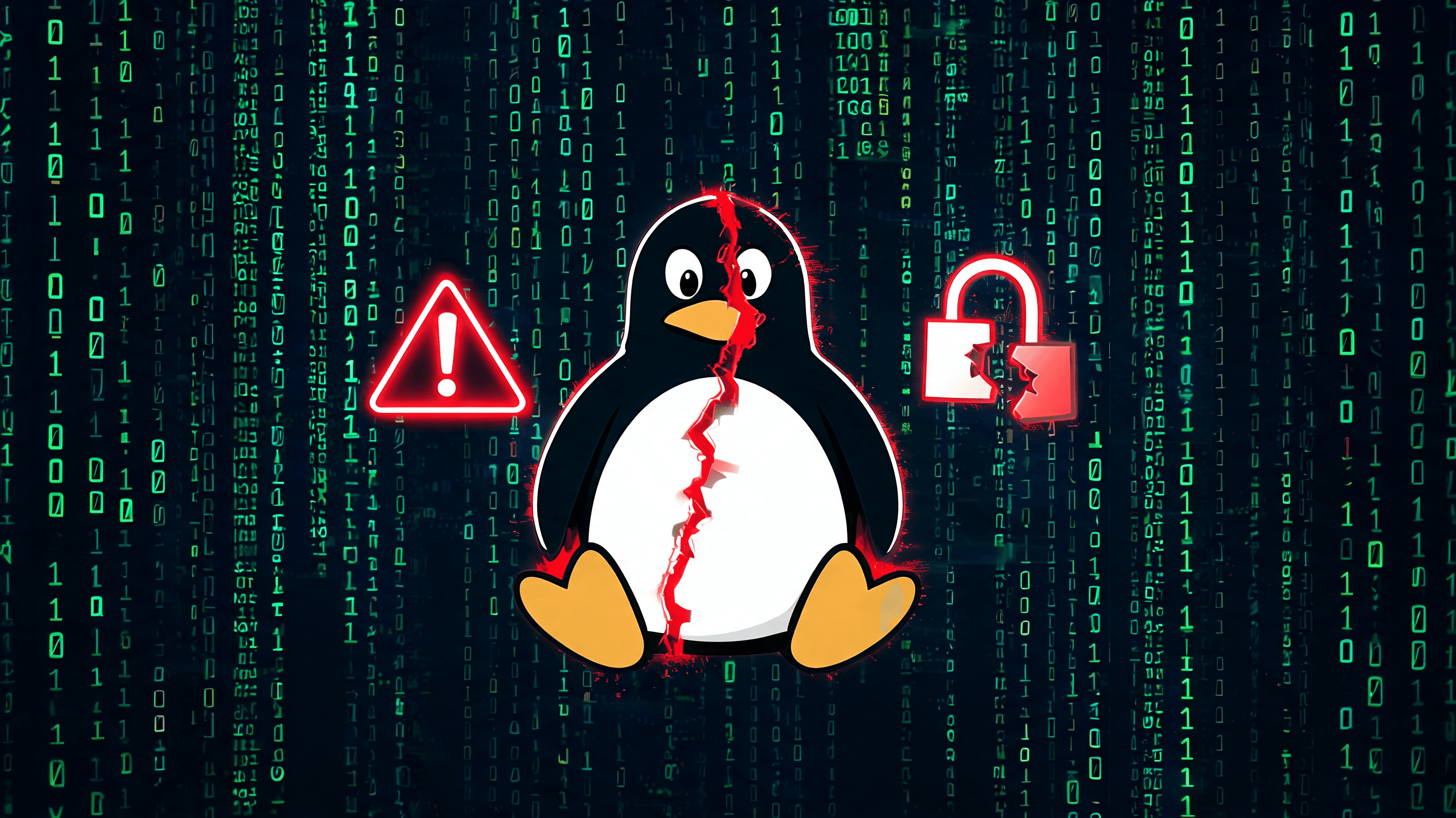 A conceptual, dark-themed cybersecurity graphic featuring binary code, a cracked Linux penguin logo,