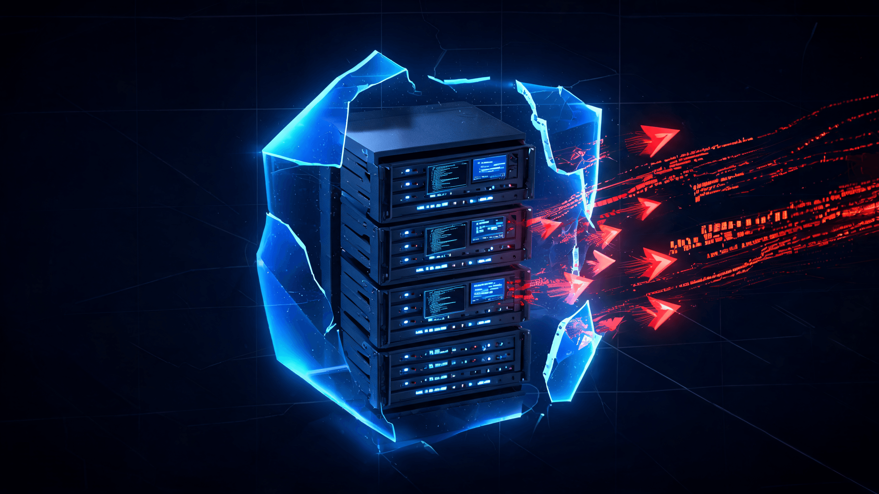 A cybersecurity visualization showing a Linux server architecture with glowing, fragmented isolation