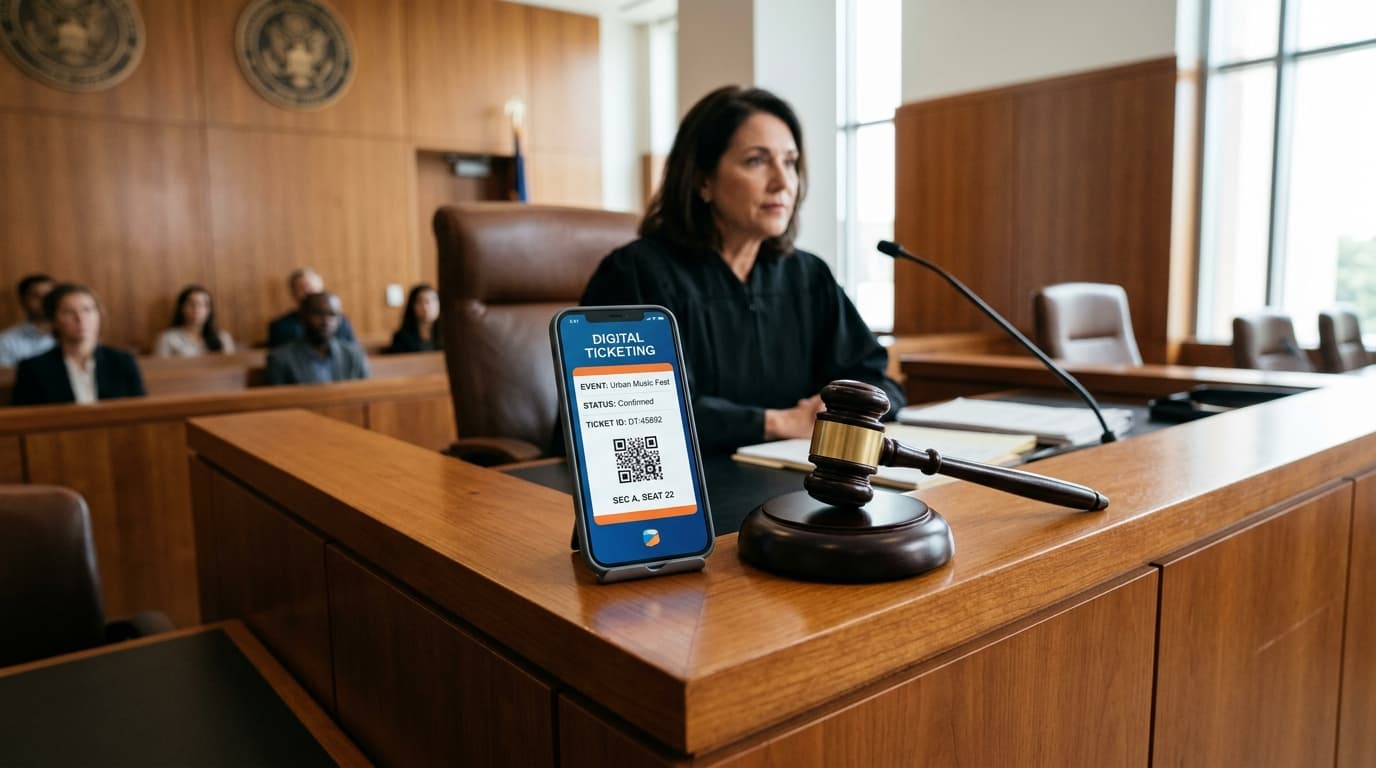 A courtroom scene featuring a gavel and a digital ticketing mobile app on a smartphone screen, profe