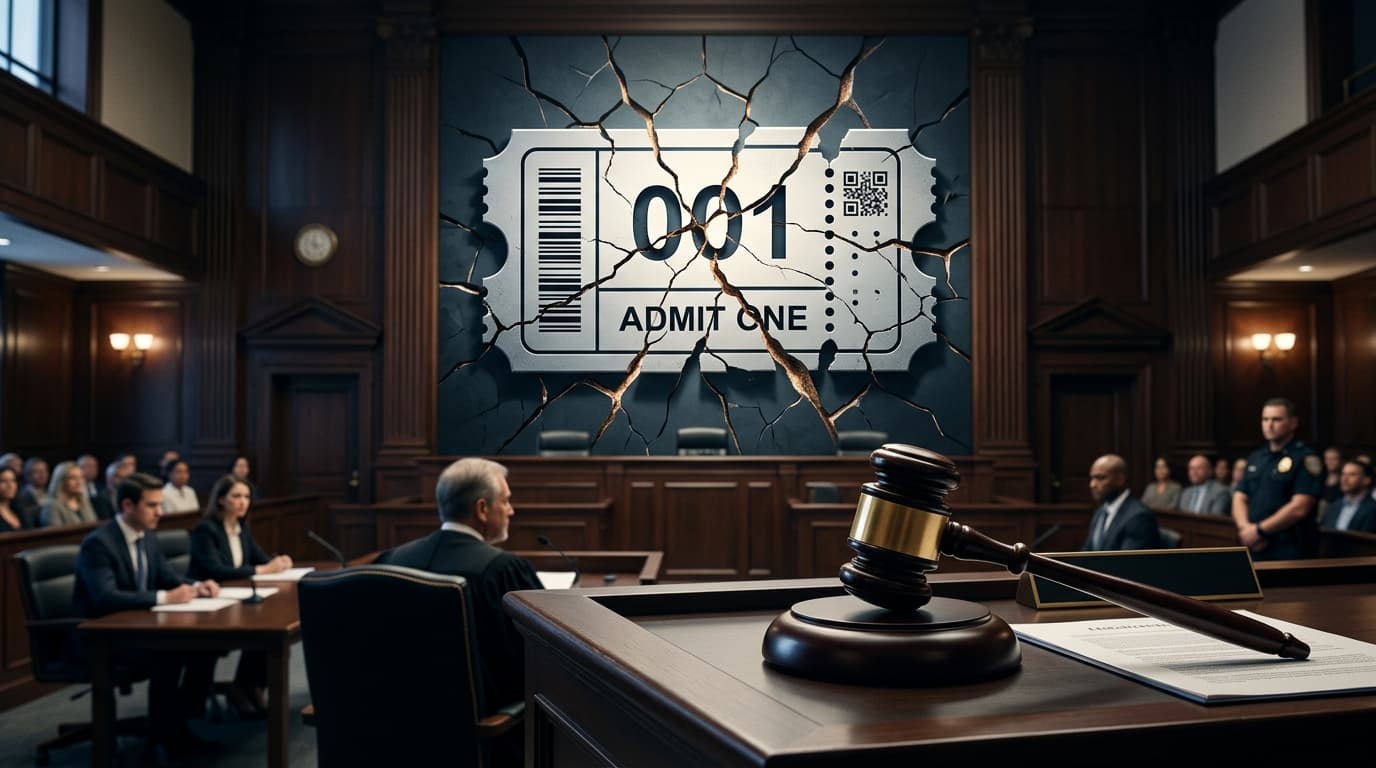 A courtroom scene featuring a gavel on a desk with a large, stylized, and cracked digital ticketing