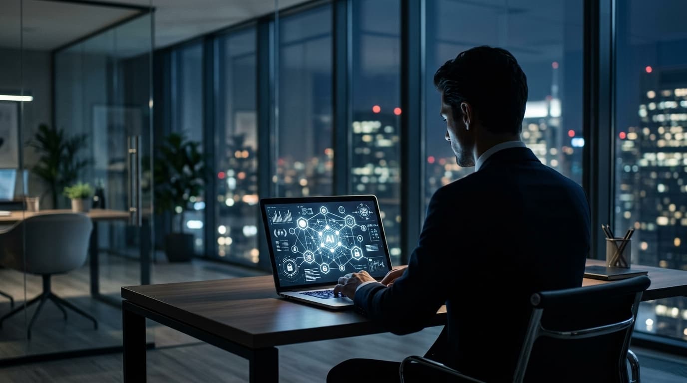 A silhouette of a corporate executive looking at a glowing laptop screen with multiple AI nodes appe