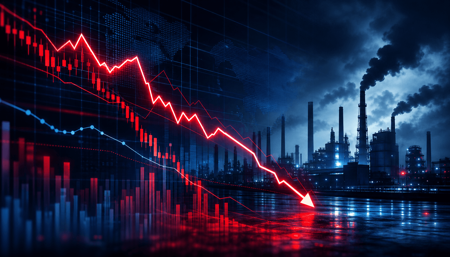 An abstract visualization of economic charts with falling lines, factory silhouettes in the backgrou