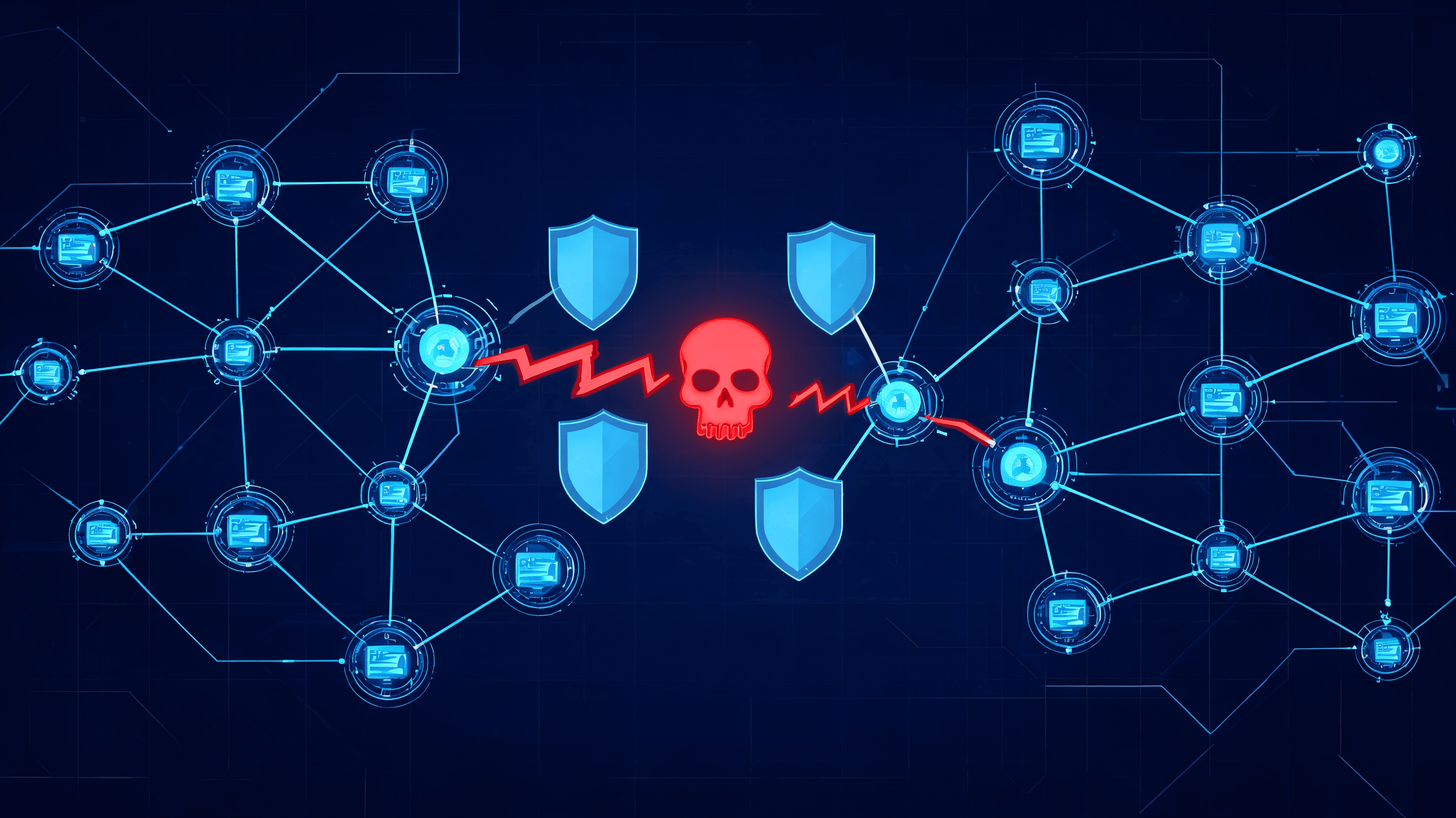 A digital illustration of a complex software development network with a highlighted red broken conne