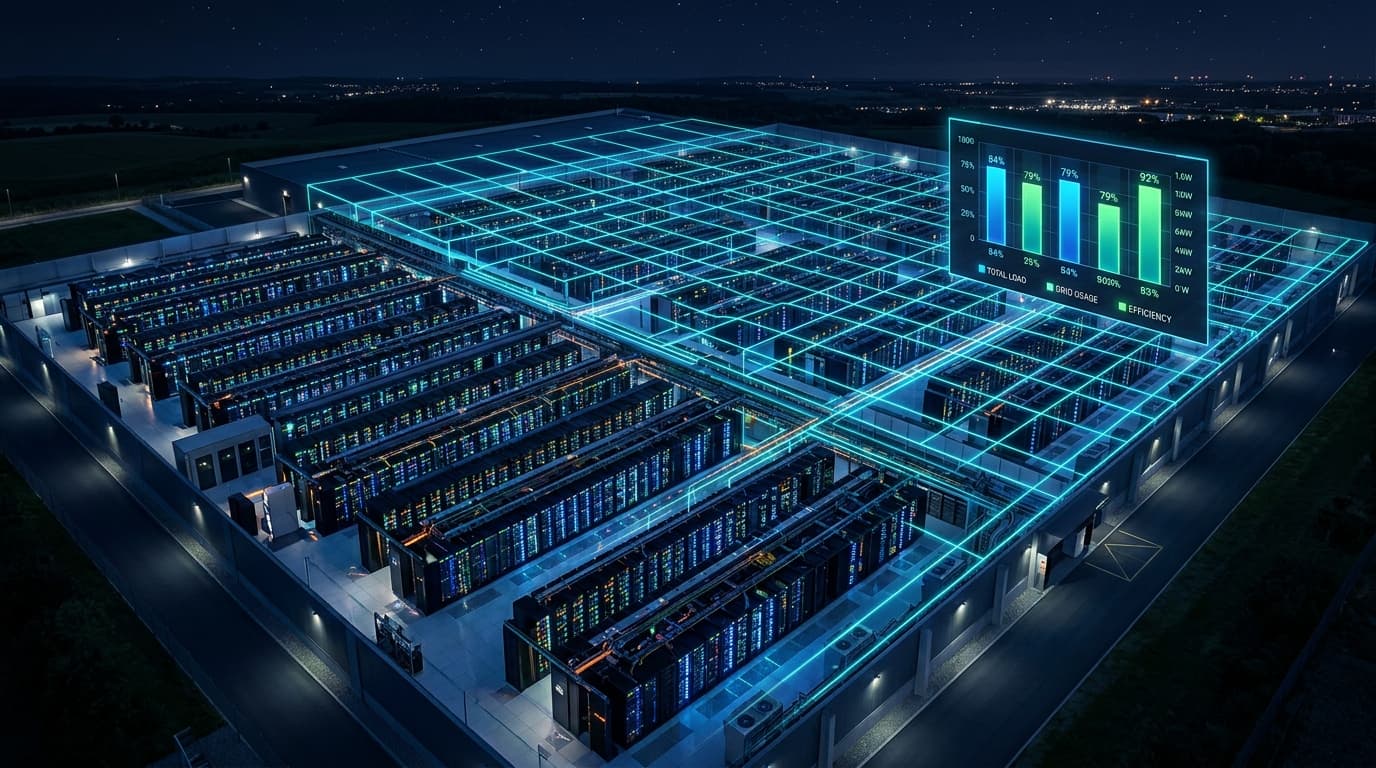 An isometric view of a large, high-tech server farm at night, with a semi-transparent, glowing overl