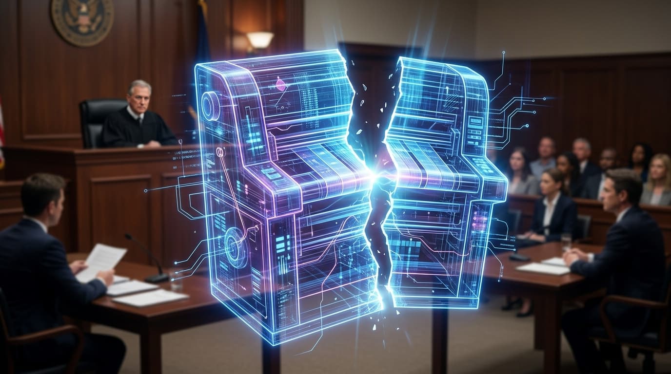 A courtroom scene with an abstract, digital visualization of a ticket printing machine being broken