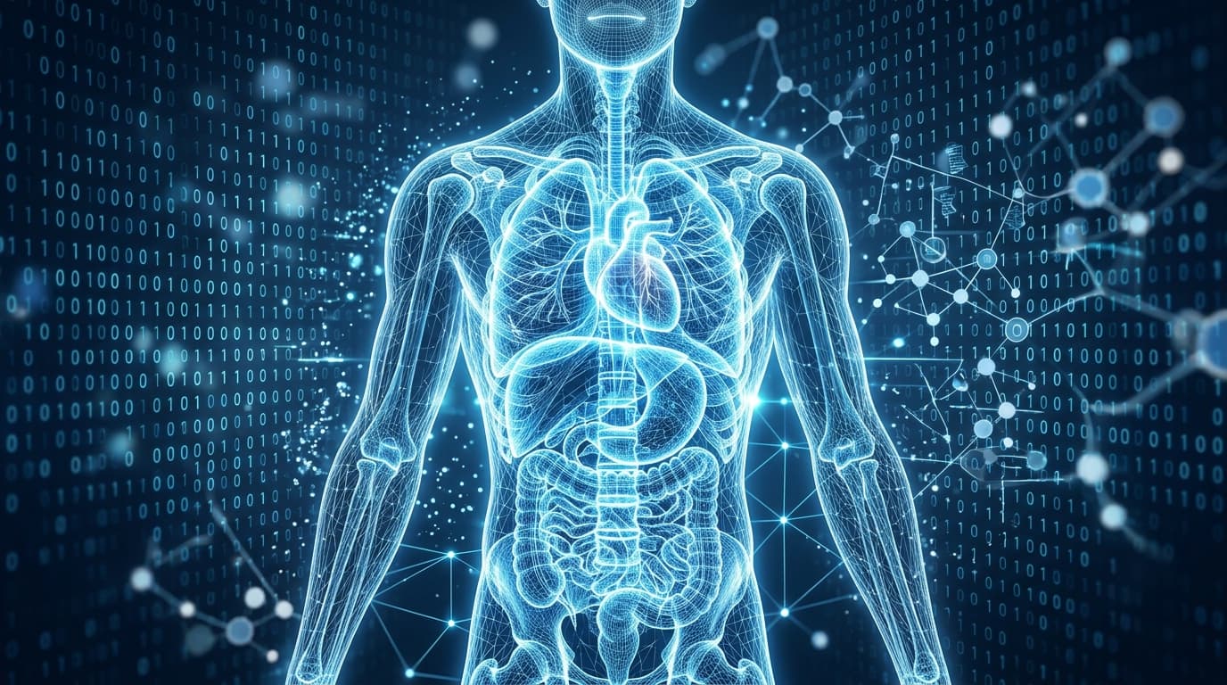 A sophisticated, glowing 3D wireframe model of a human torso, overlaying a background of digital bin