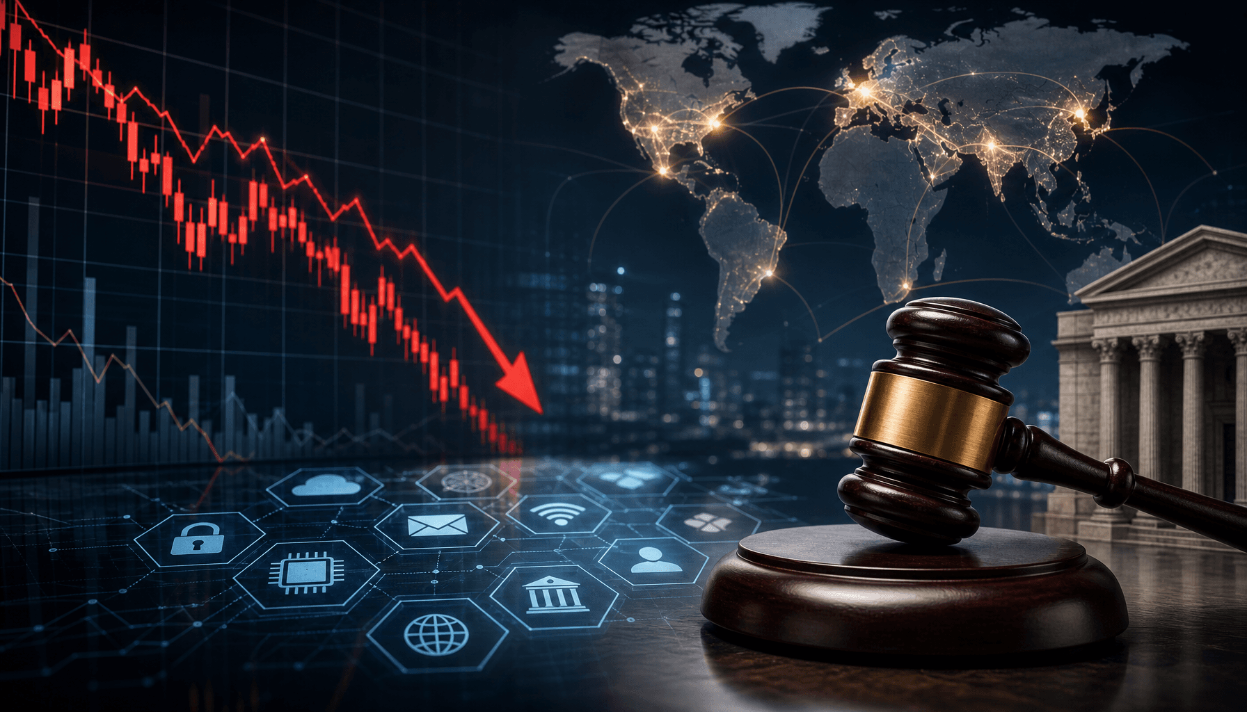 Financial charts with downward trends, a gavel representing regulation, digital tech icons, global m