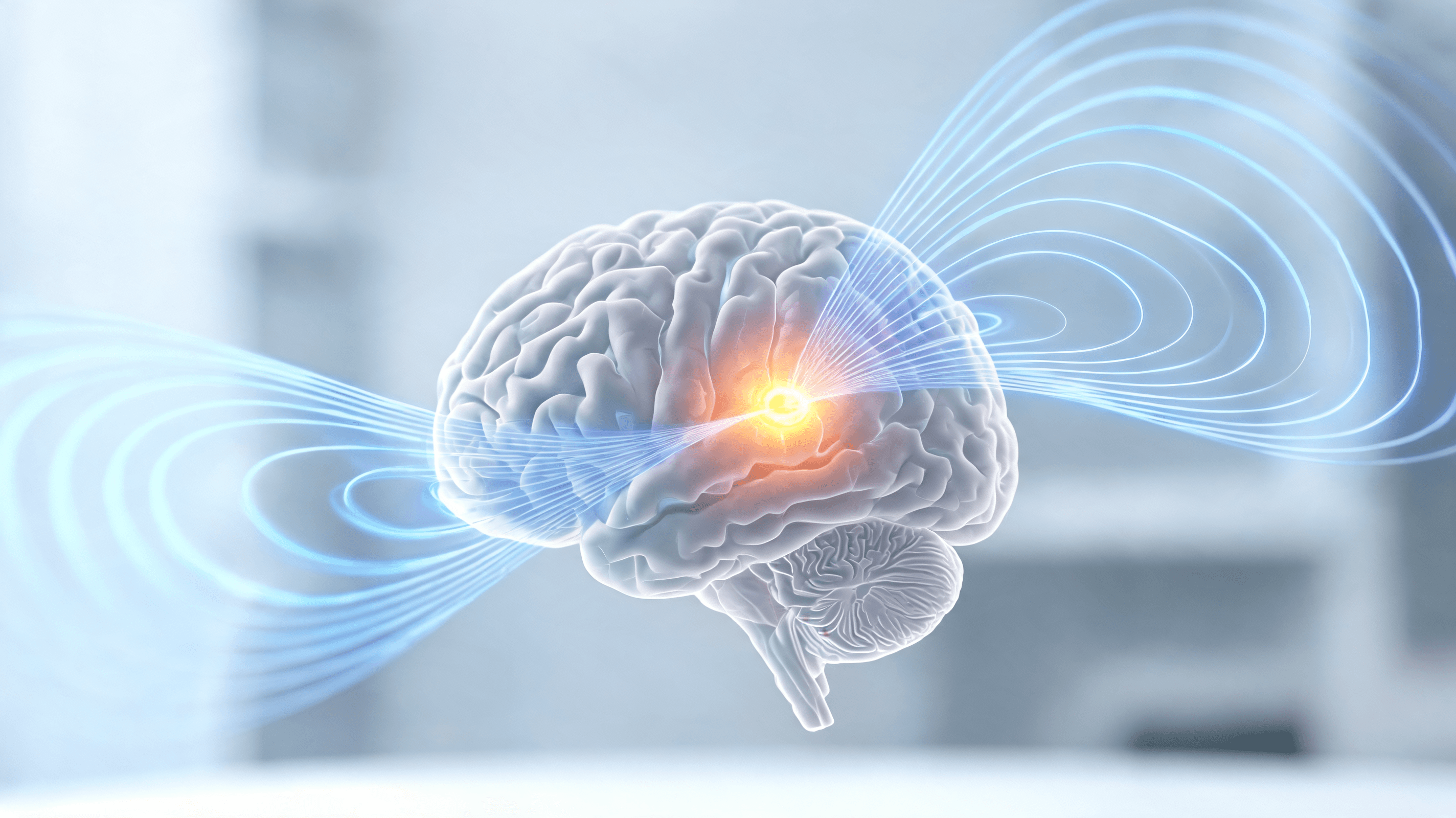 A medical visualization of high-intensity ultrasound waves focused on a specific region of a 3D brai