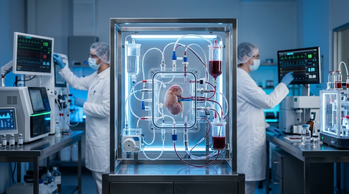 A clinical, high-tech laboratory setting featuring a sophisticated transparent chamber (the ex-vivo