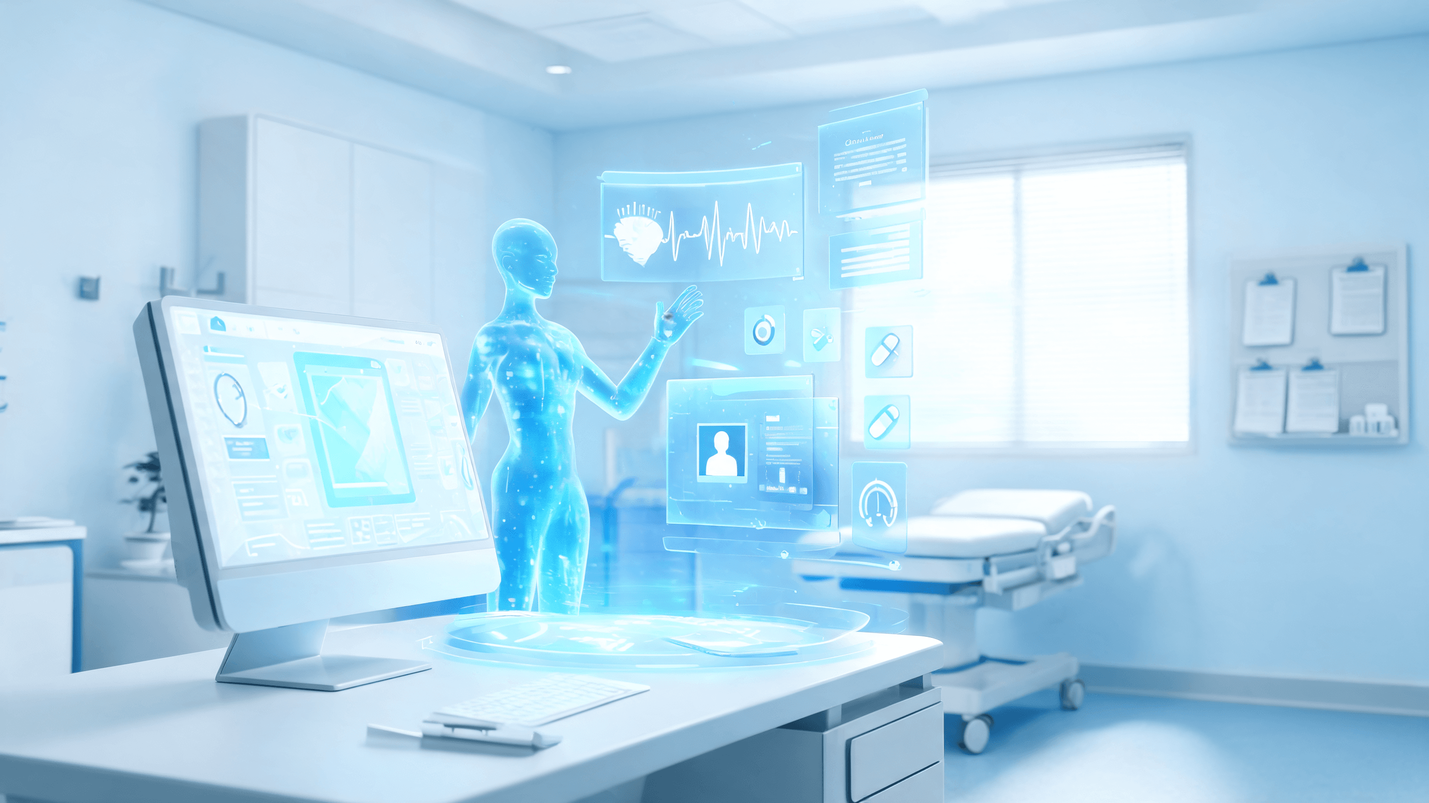 A modern medical office with an abstract holographic representation of patient data and AI digital a