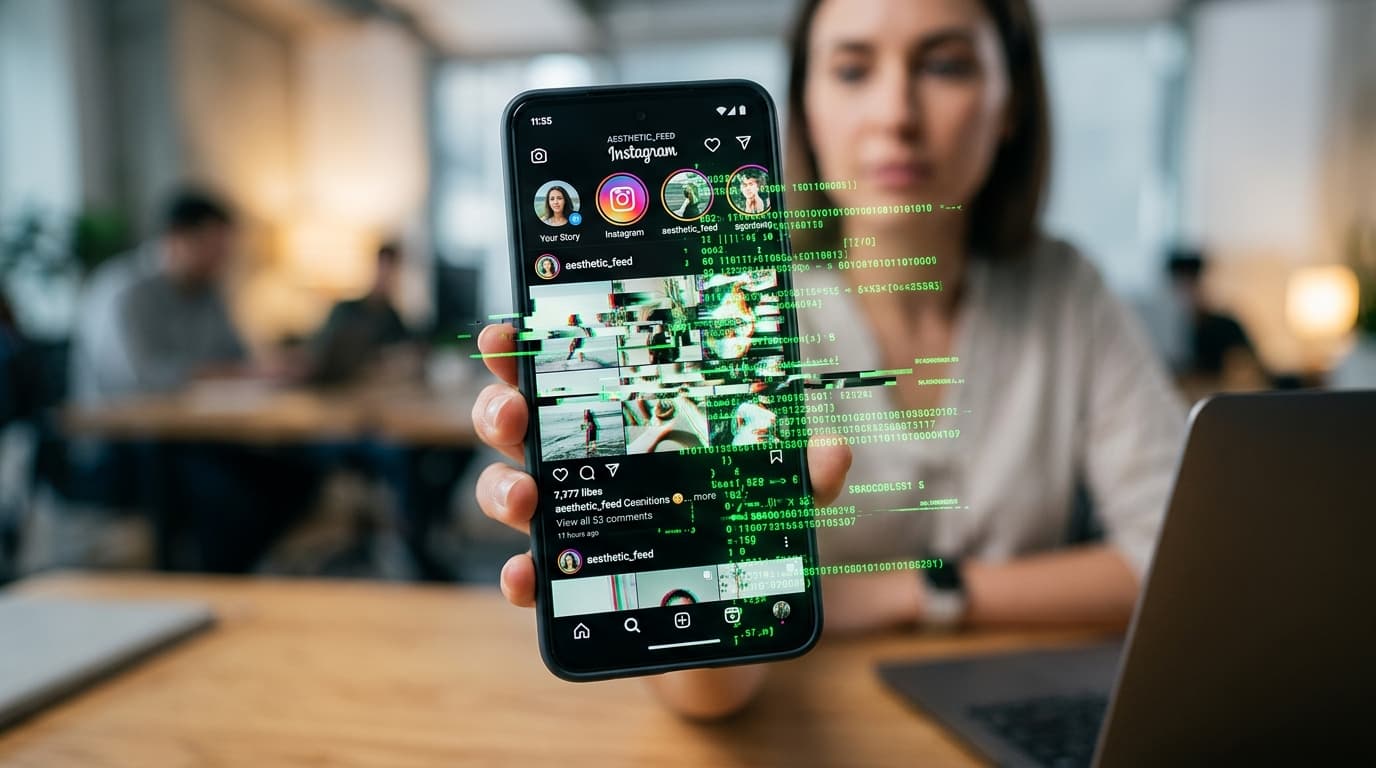 A smartphone screen showing an Instagram interface being subtly glitched by digital, distorted green
