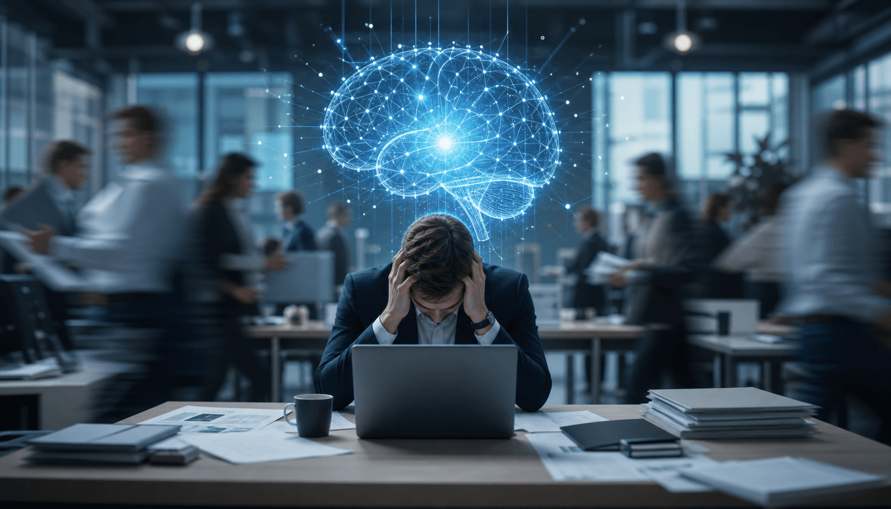 A conceptual image of a modern office space with a blurred, chaotic background, featuring a glowing