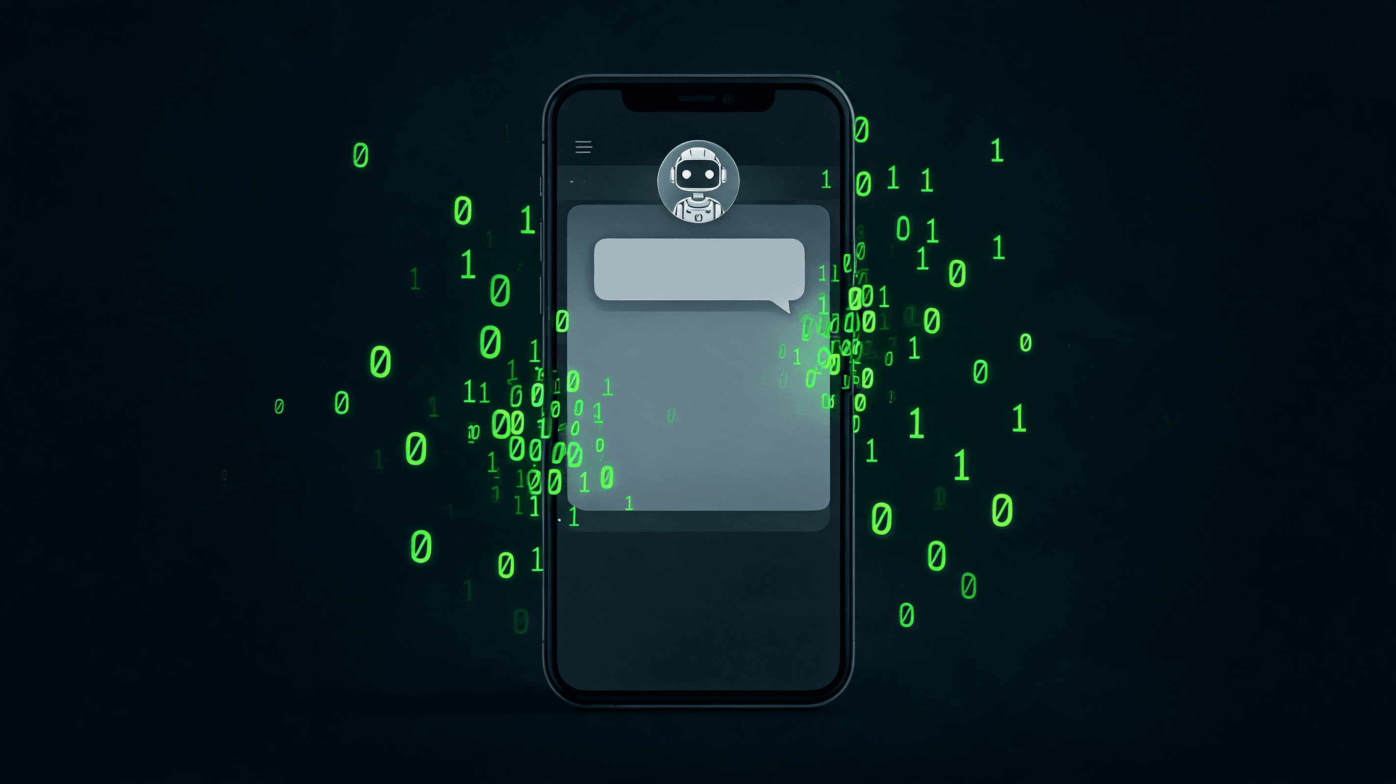 A digital illustration of a robotic AI chatbot customer service interface on a smartphone screen, wi