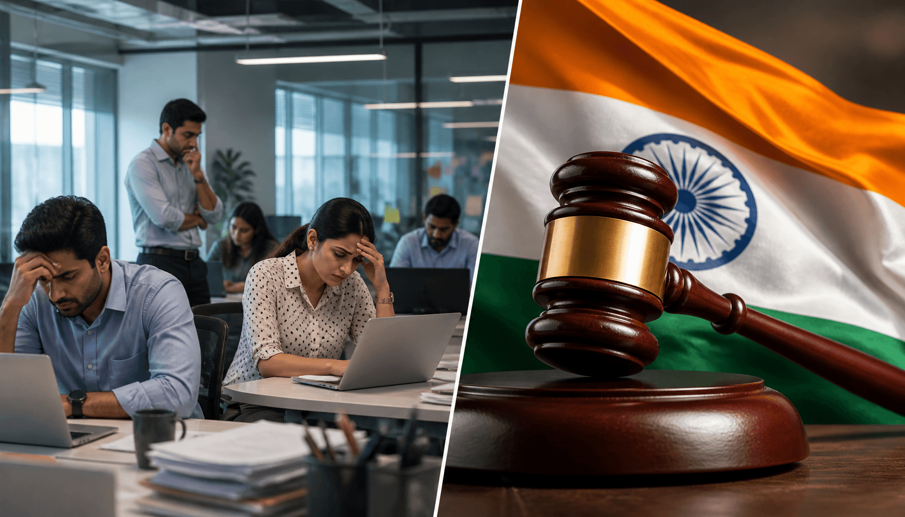 A split image showing a busy modern office interior with employees looking frustrated in one half, a