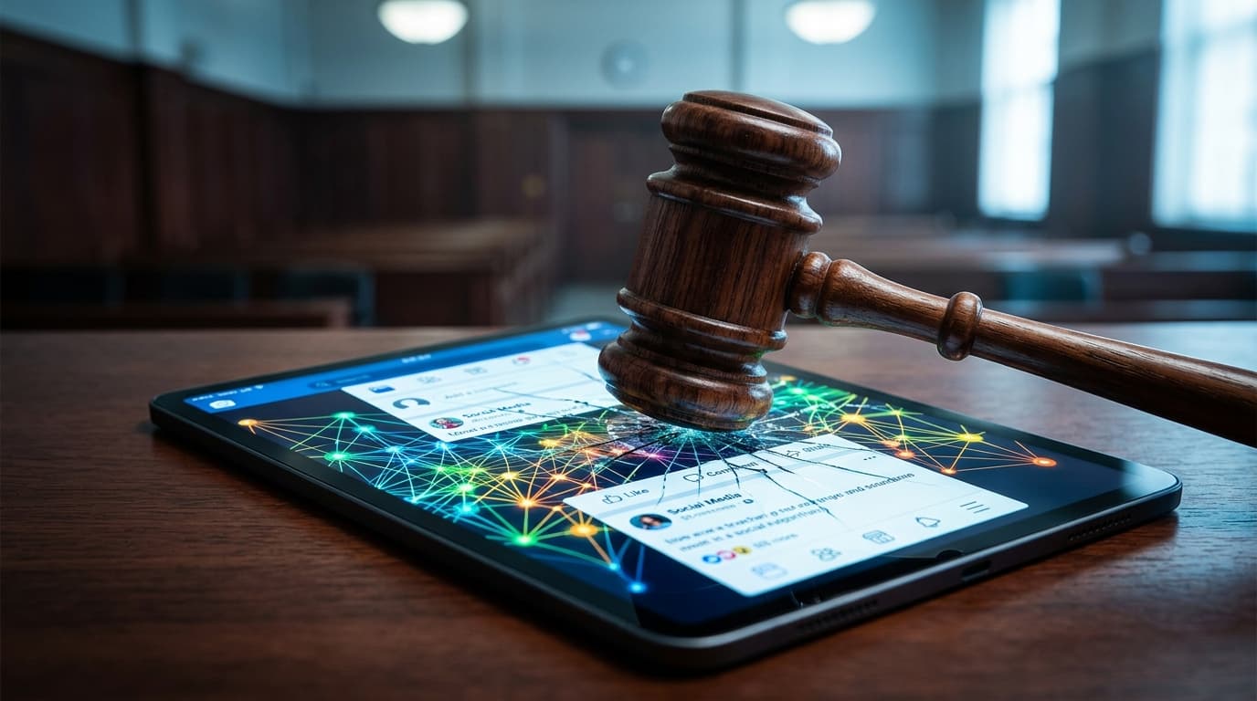 A gavel striking a digital screen showing a social media app interface with colorful, complex neural