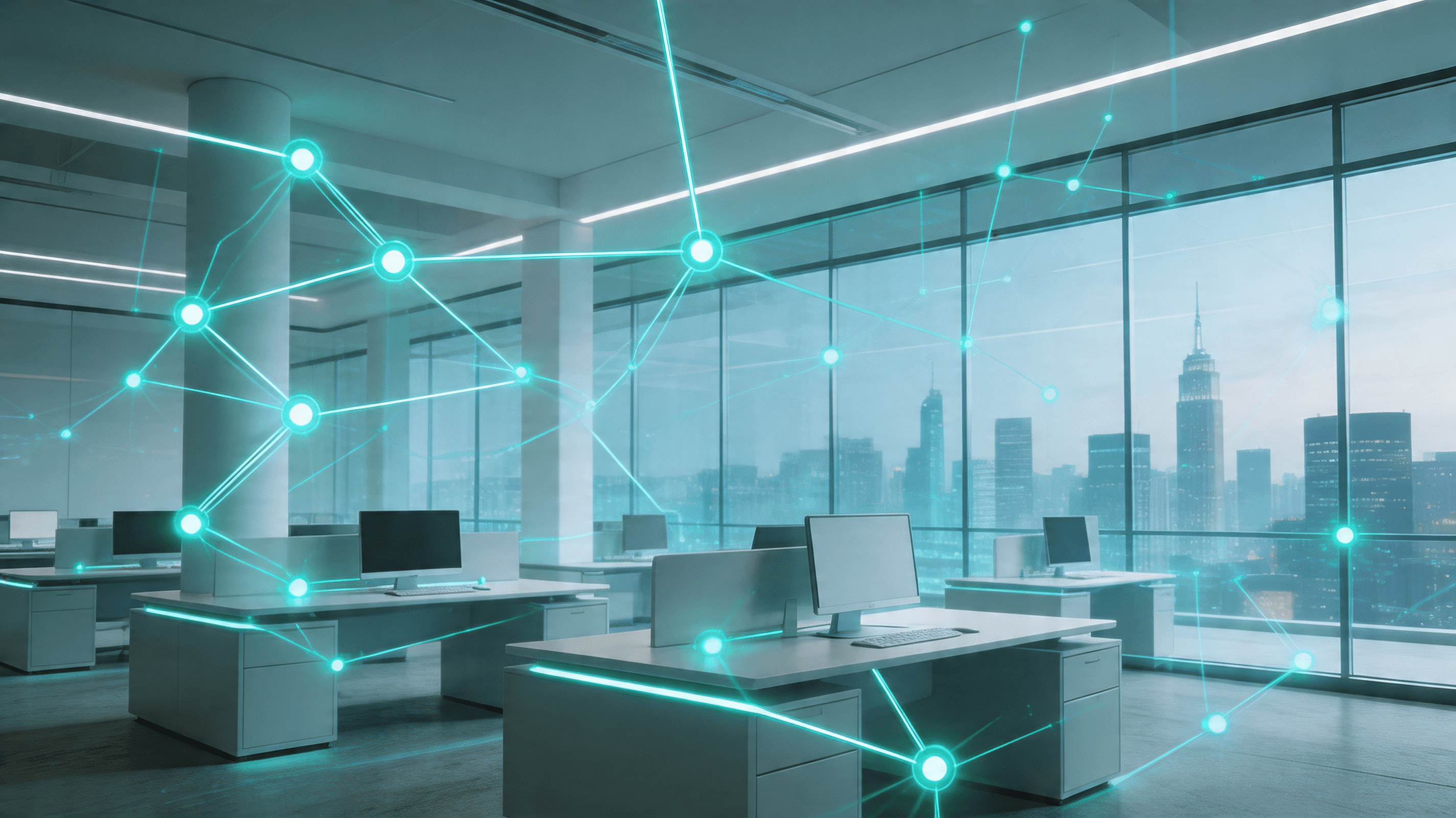 A modern, high-tech abstract visualization of a neural network merging with office architecture, sym
