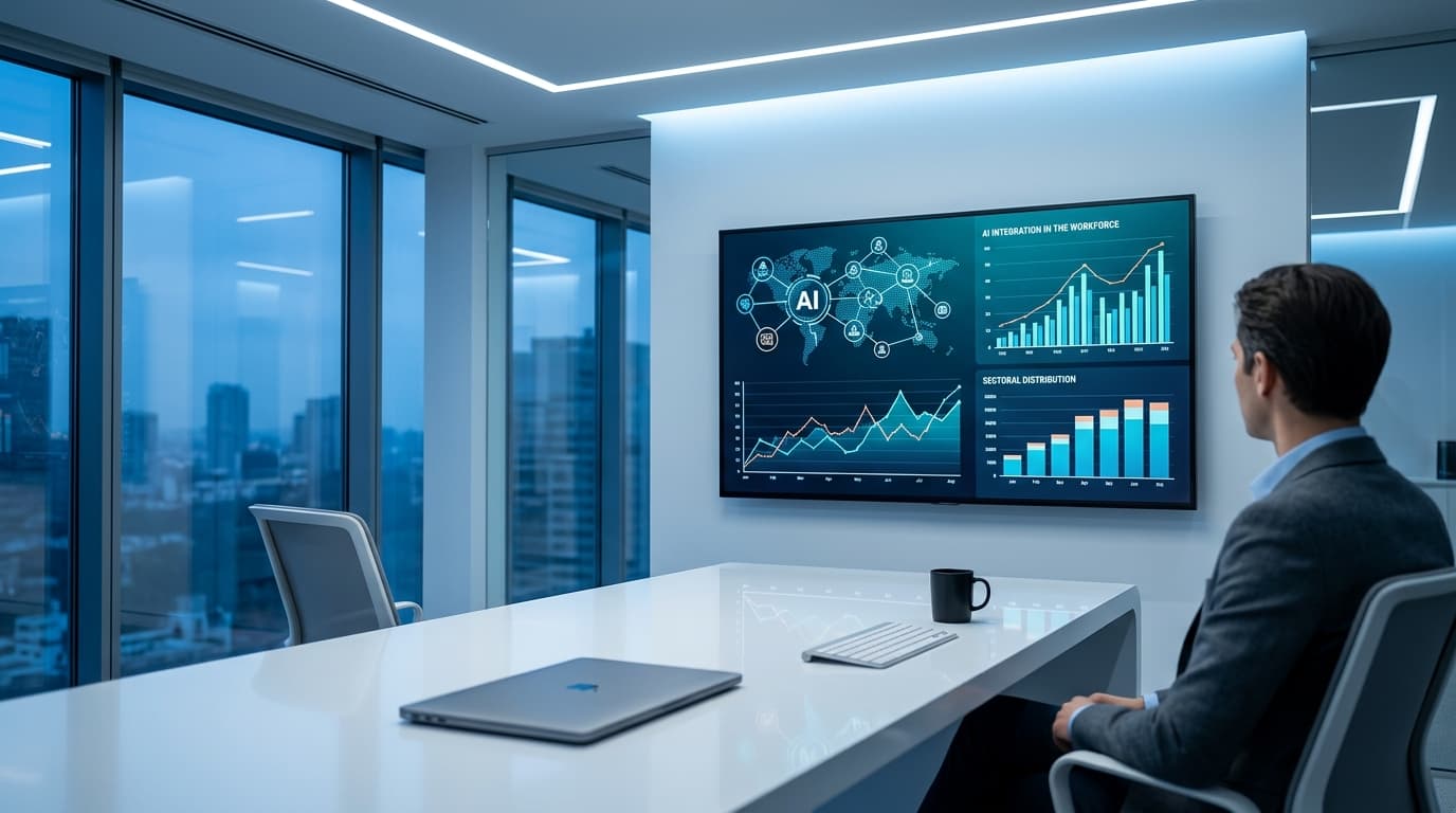 A modern, minimalist office environment with a digital display showing data charts about artificial