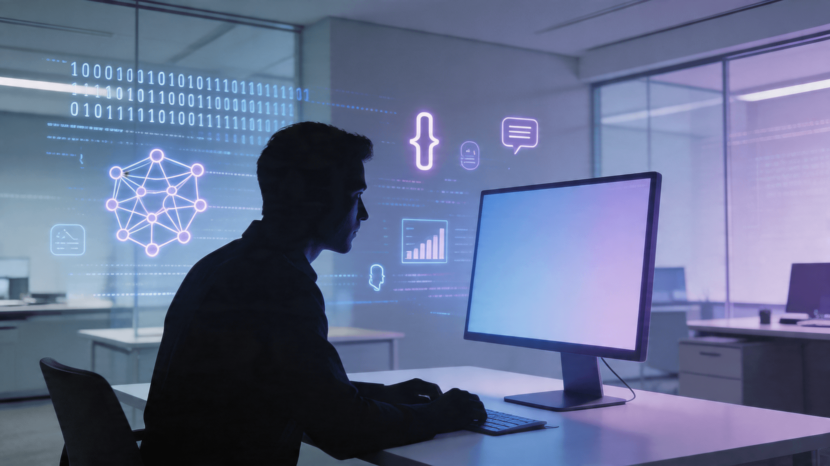A modern, minimalist office environment with a digital glow of code and AI interface icons hovering