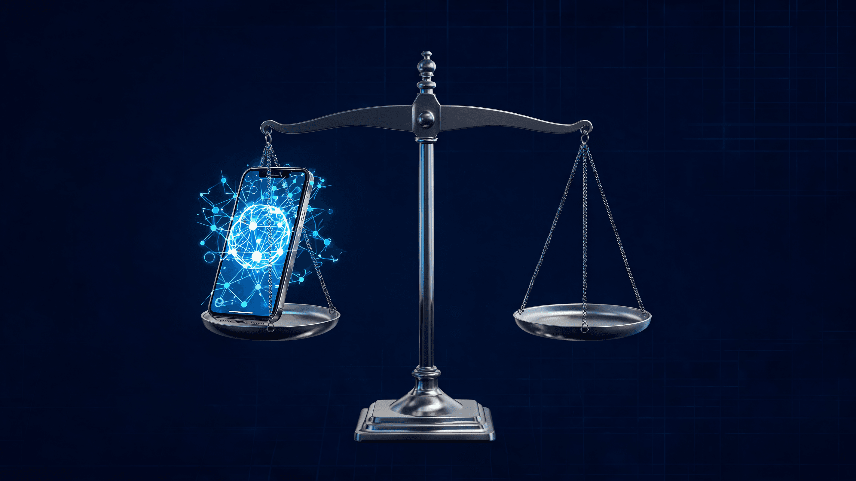 An abstract, metaphorical illustration of a digital interface resembling a courtroom scale, balancin