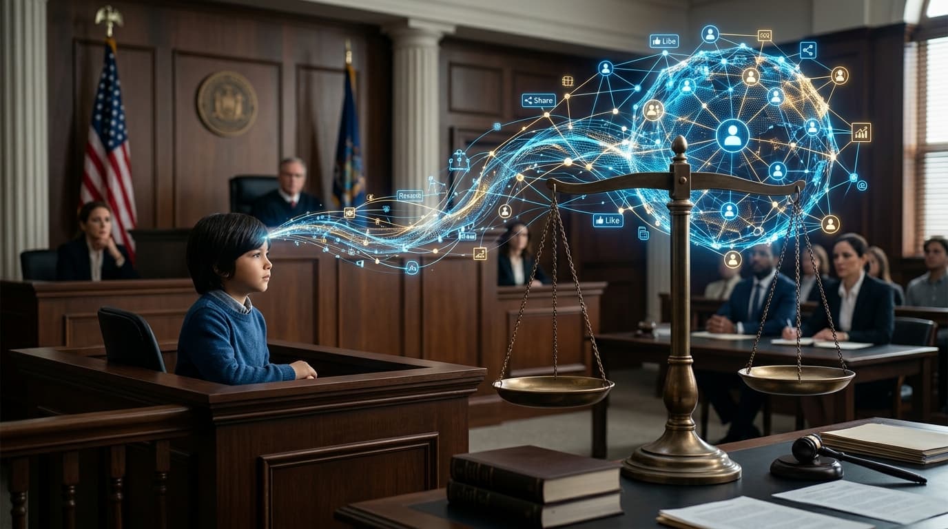 A courtroom scene with an abstract digital representation of a social media network connecting to a