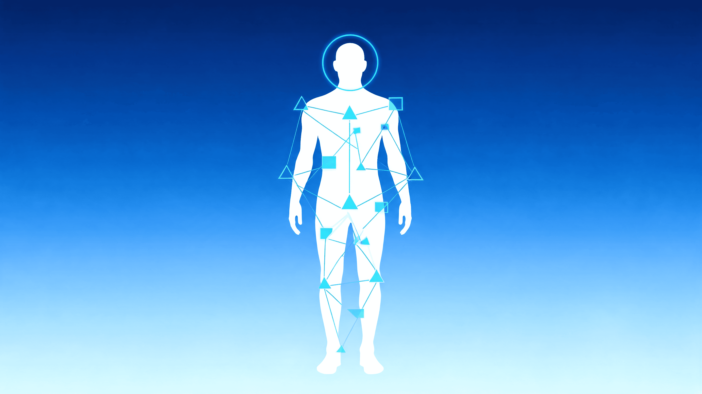 Abstract digital concept of identity protection, AI analysis overlaying geometric shapes on a human