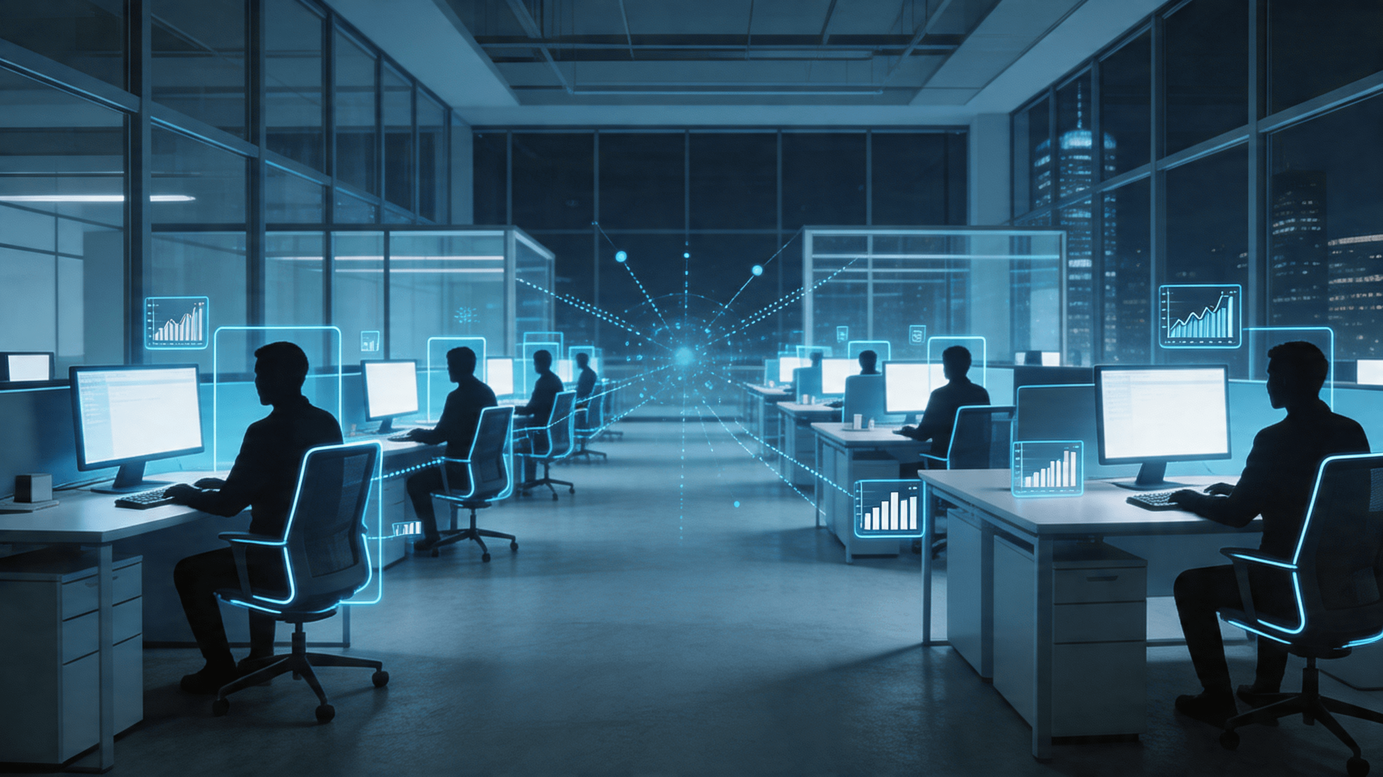 A modern, high-tech office environment with silhouettes of employees at their desks, overlaid with s